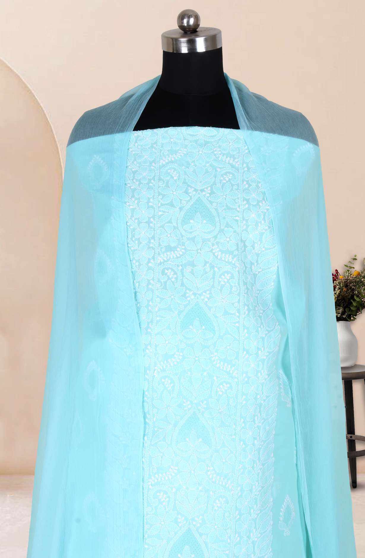 Sea Green Cotton Beautiful Chikankari Embroidered Suit with Chiffon Dupatta - SUMCOT1291C