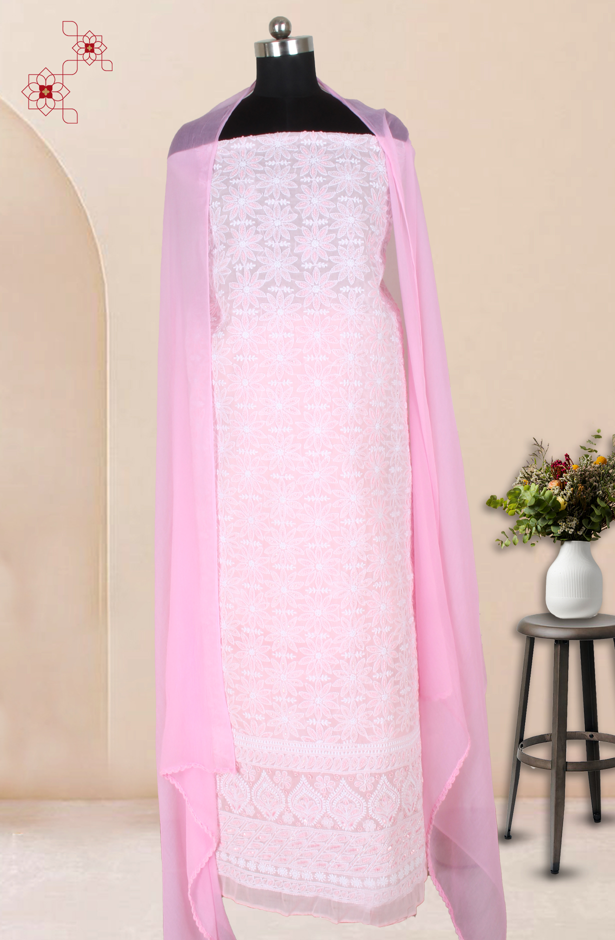 Baby Pink Cotton Beautiful Chikankari Embroidered Suit with Chiffon Dupatta - SUMCOT1296A