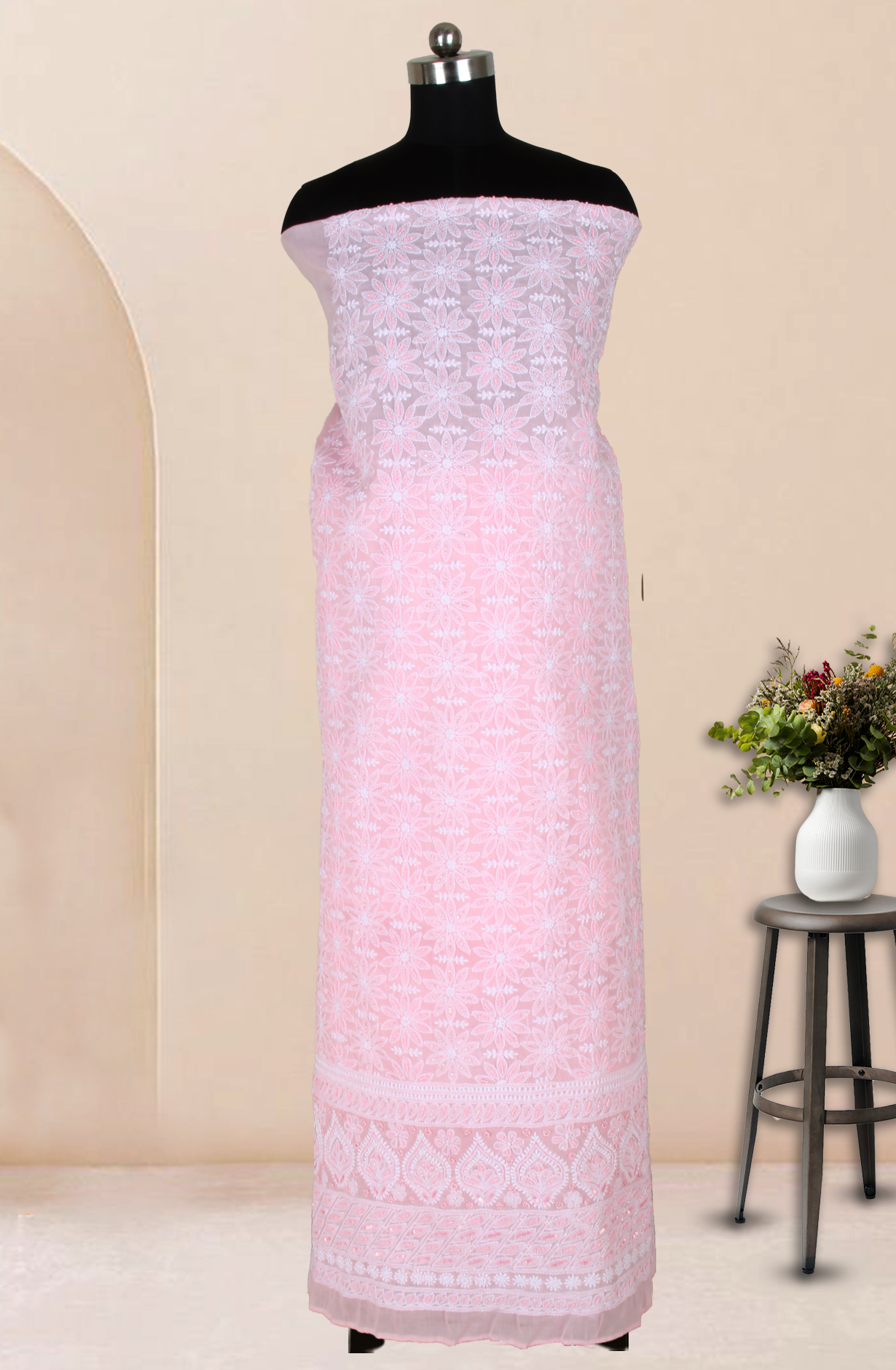 Baby Pink Cotton Beautiful Chikankari Embroidered Suit with Chiffon Dupatta - SUMCOT1296A