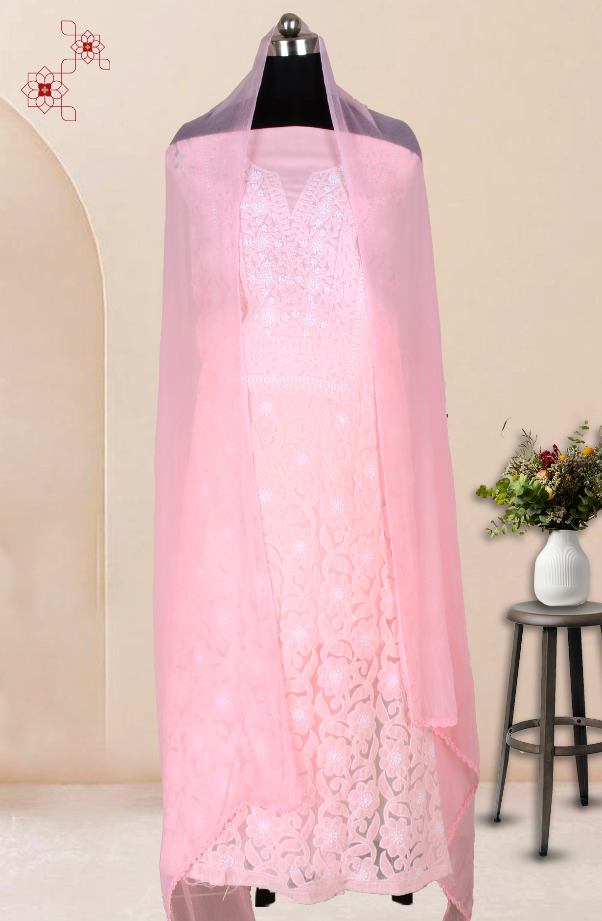 Orange Cotton Beautiful Chikankari Embroidered Suit with Chiffon Dupatta - SUMCOT1300C