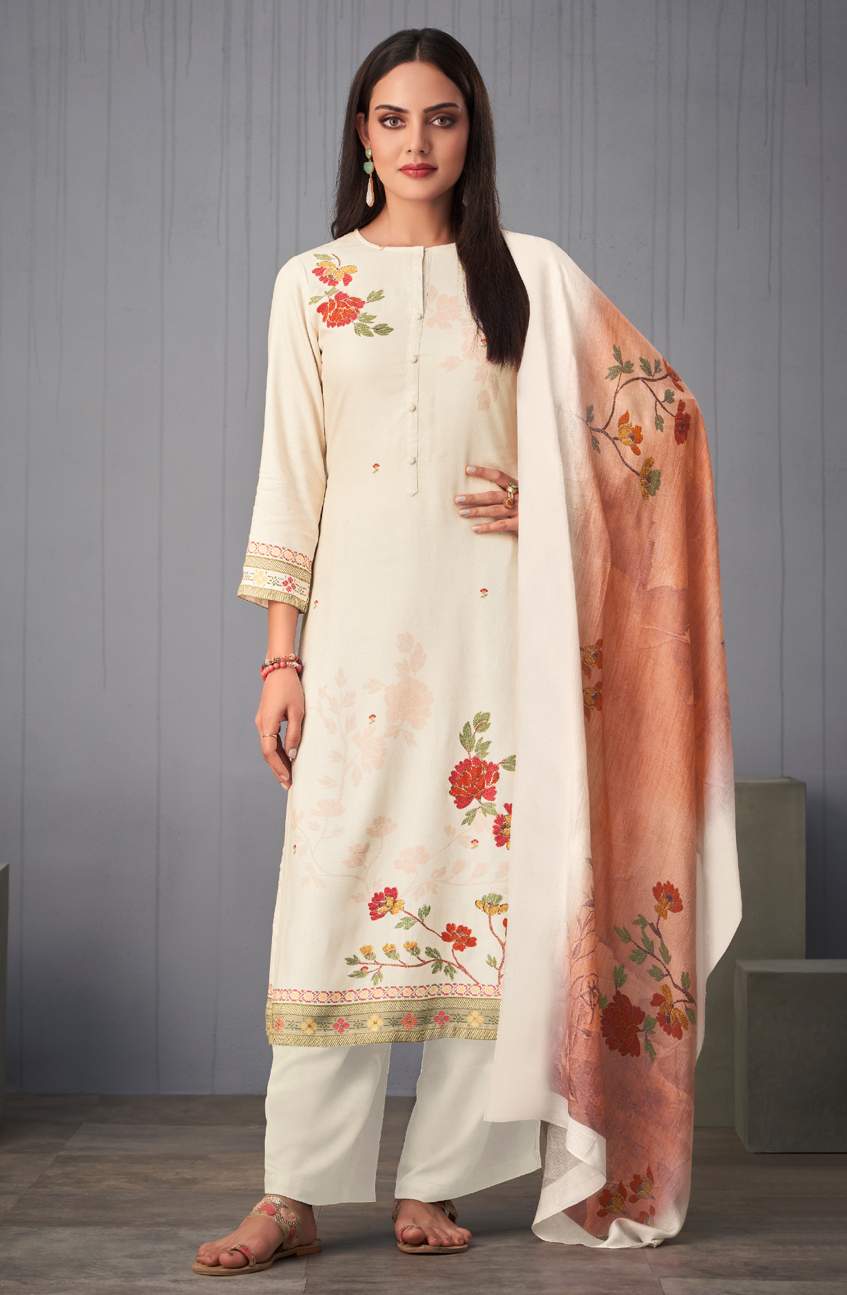 Cream Pashmina Digital Printed Winter Wear Salwar Kameez - SUN1712