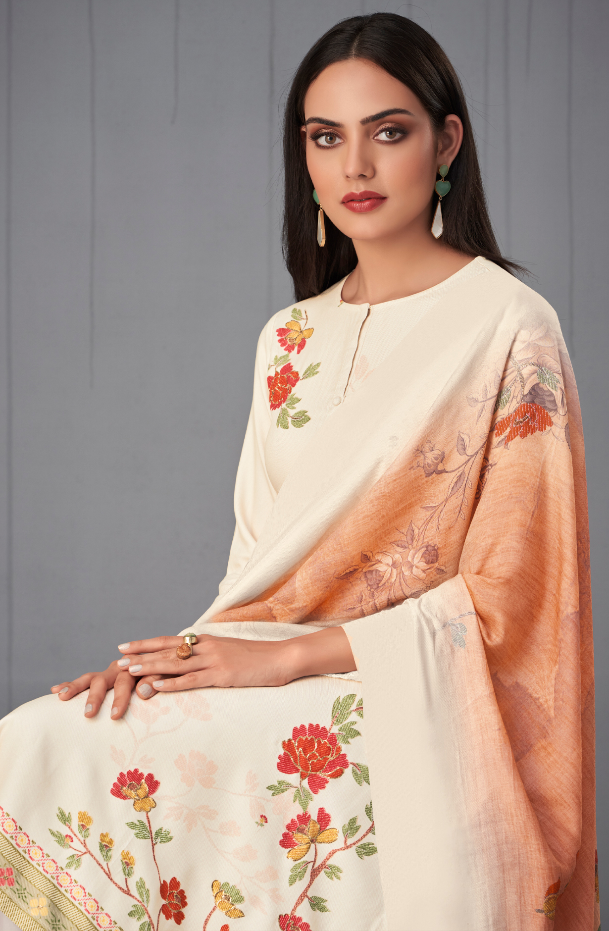 Cream Pashmina Digital Printed Winter Wear Salwar Kameez - SUN1712
