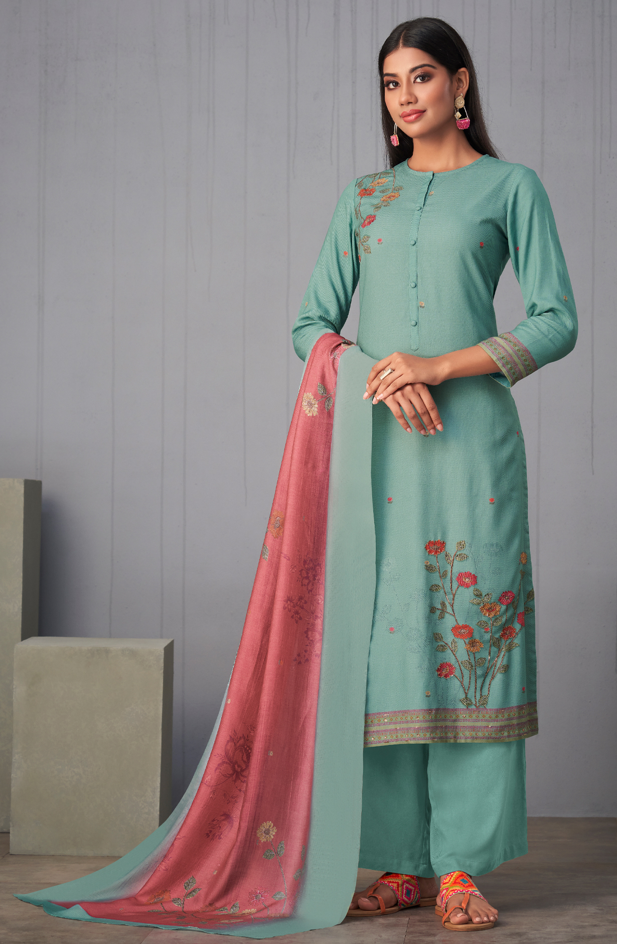 Sea Green Pashmina Digital Printed Winter Wear Salwar Kameez - SUN1734