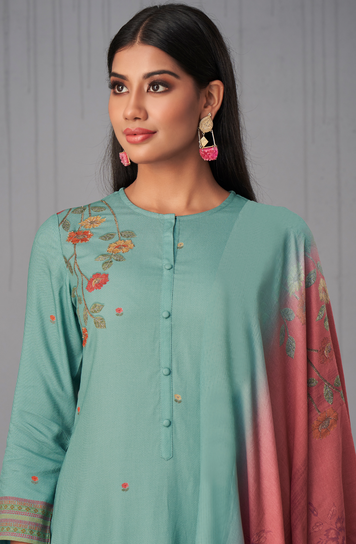 Sea Green Pashmina Digital Printed Winter Wear Salwar Kameez - SUN1734
