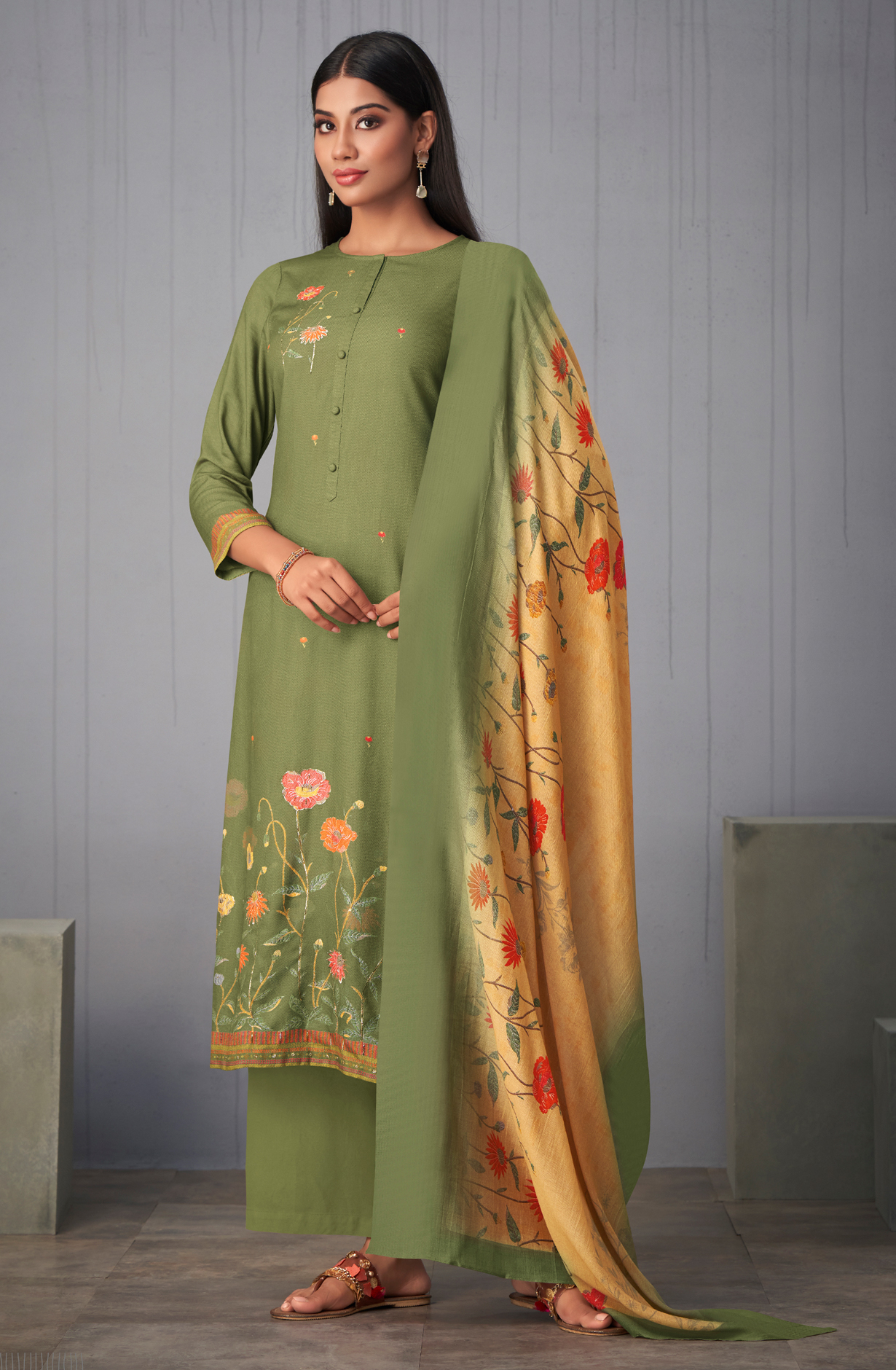 Mehndi Green Pashmina Digital Printed Winter Wear Salwar Kameez - SUN1751