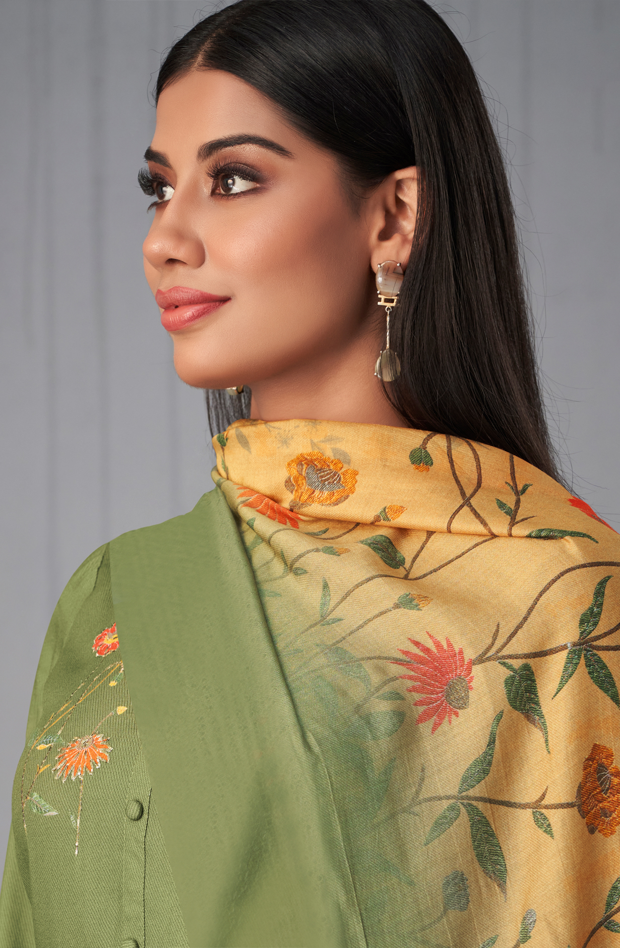 Mehndi Green Pashmina Digital Printed Winter Wear Salwar Kameez - SUN1751