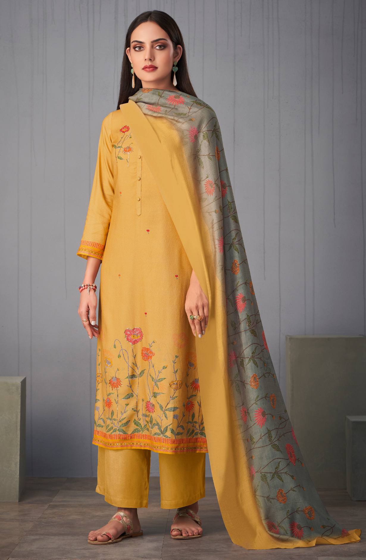 Mustard Yellow Pashmina Digital Printed Winter Wear Salwar Kameez - SUN1780