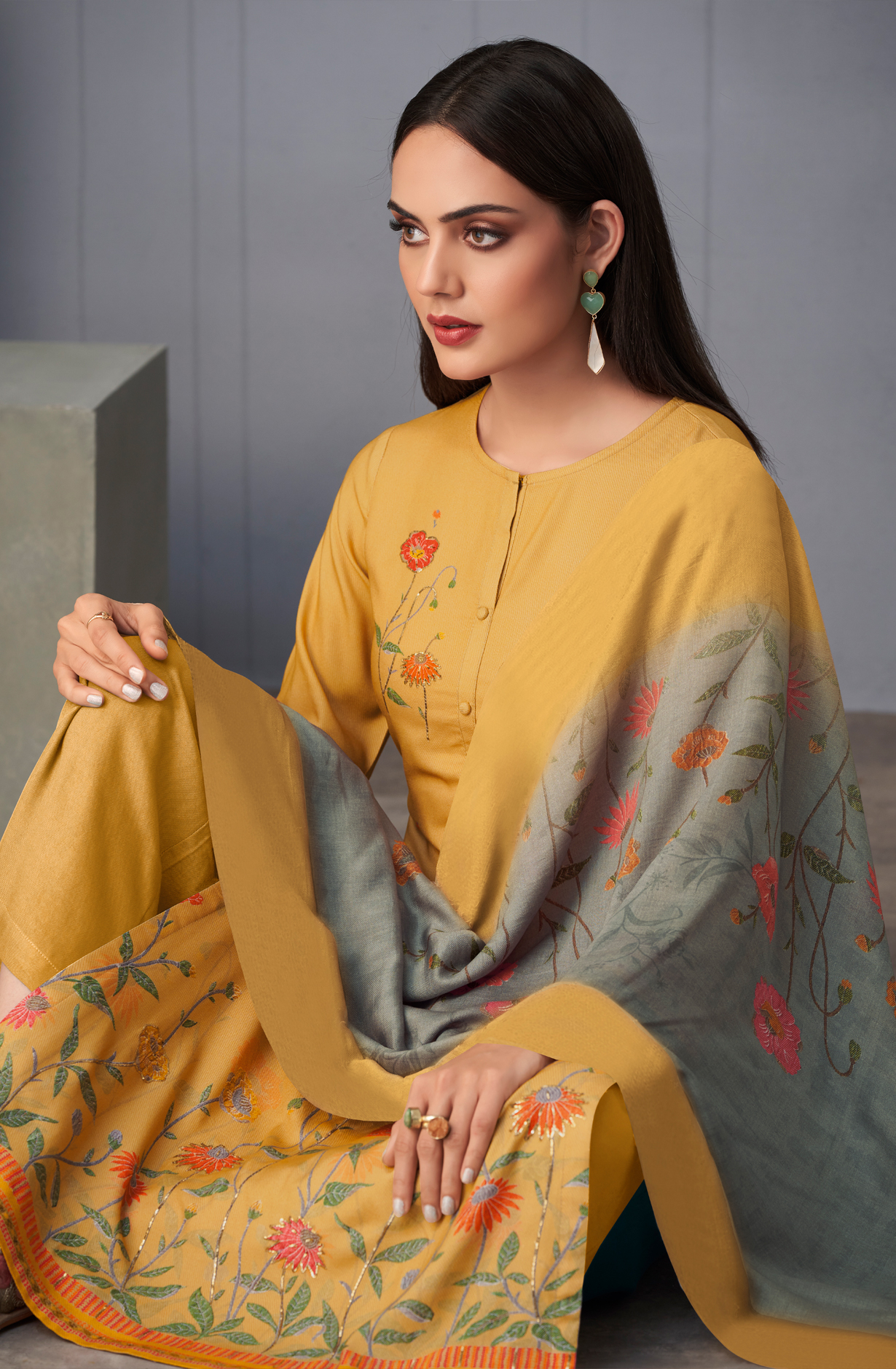 Mustard Yellow Pashmina Digital Printed Winter Wear Salwar Kameez - SUN1780