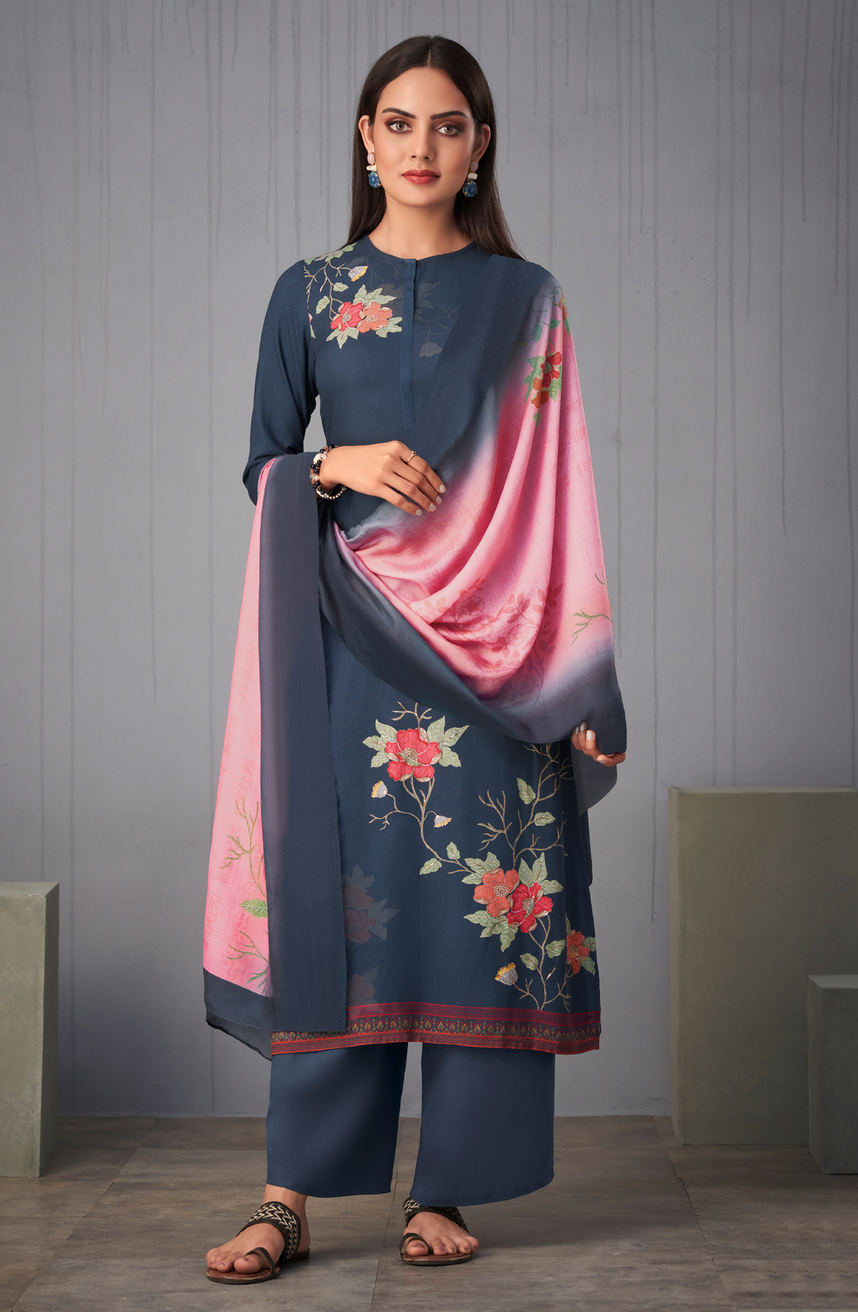 Blue Pashmina Digital Printed Winter Wear Salwar Kameez - SUN1785