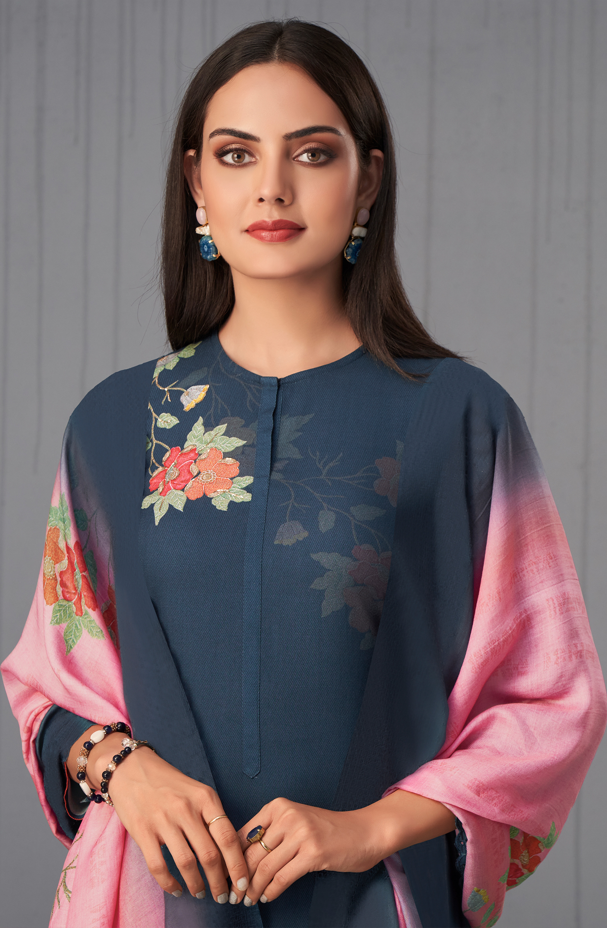 Blue Pashmina Digital Printed Winter Wear Salwar Kameez - SUN1785