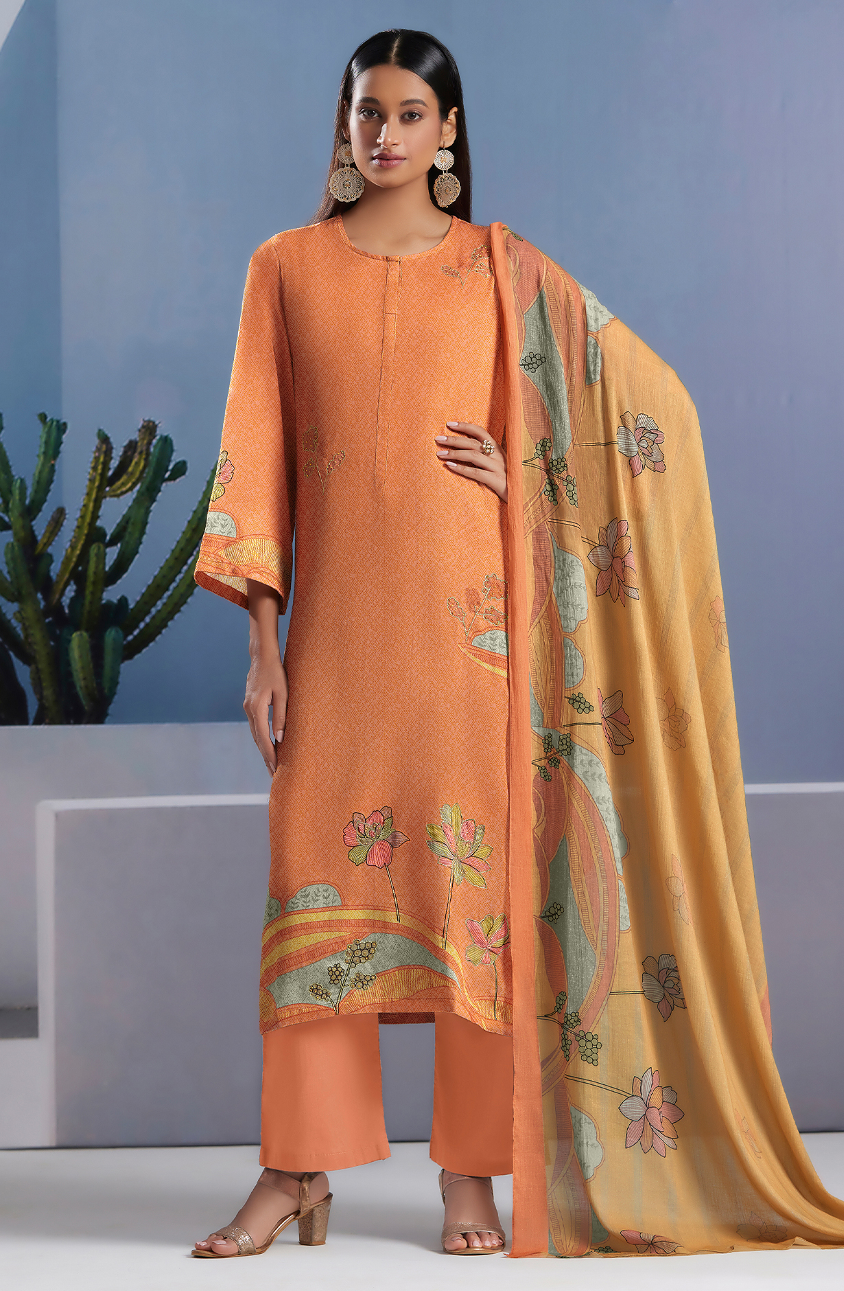 Orange Cotton Digital Printed Unstitched Salwar Kameez - SUN328