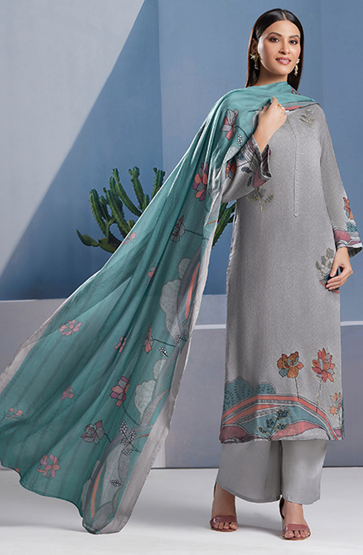 Grey Cotton Digital Printed Unstitched Salwar Suit - SUN338