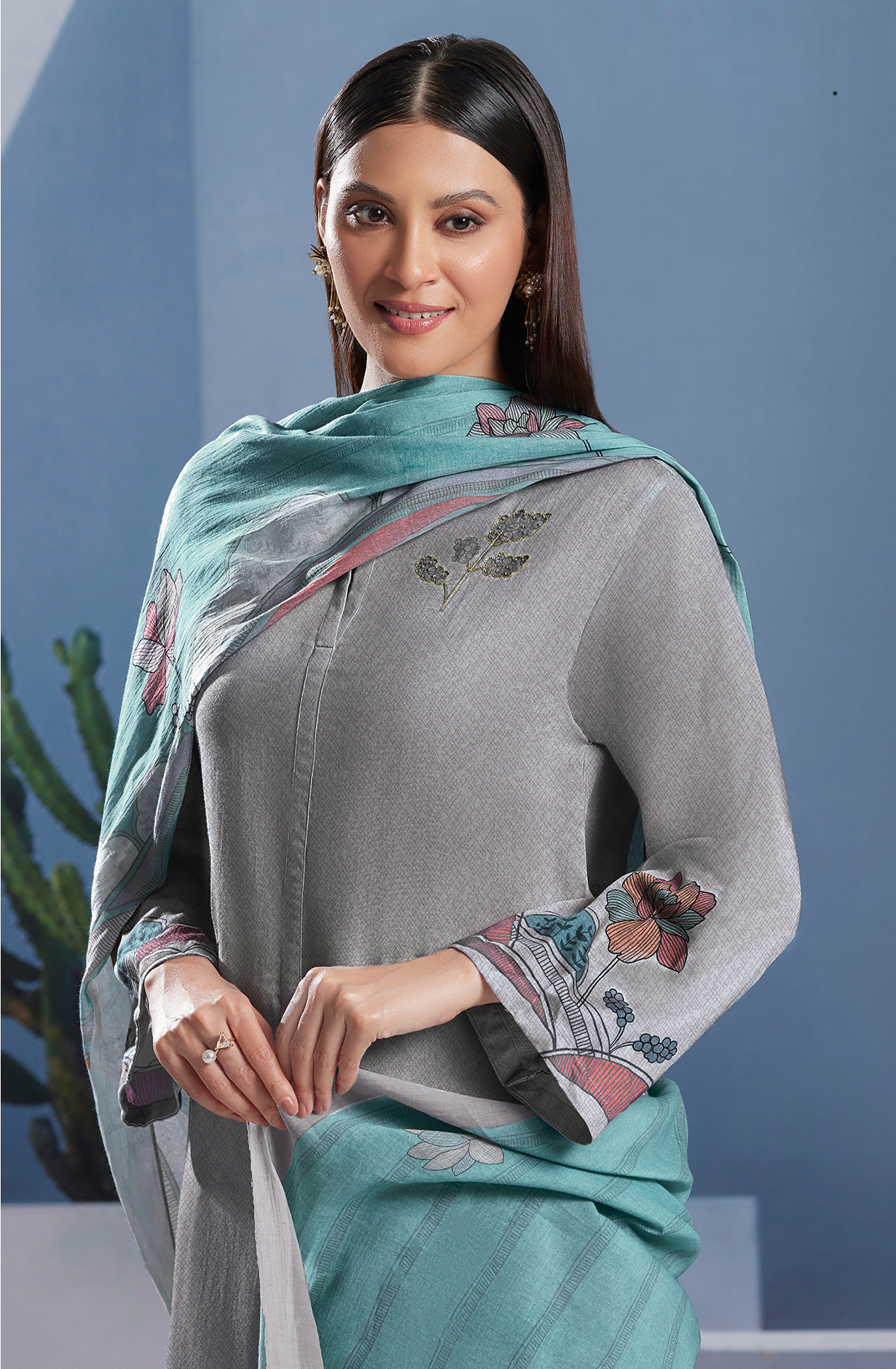 Grey Cotton Digital Printed Unstitched Salwar Suit - SUN338