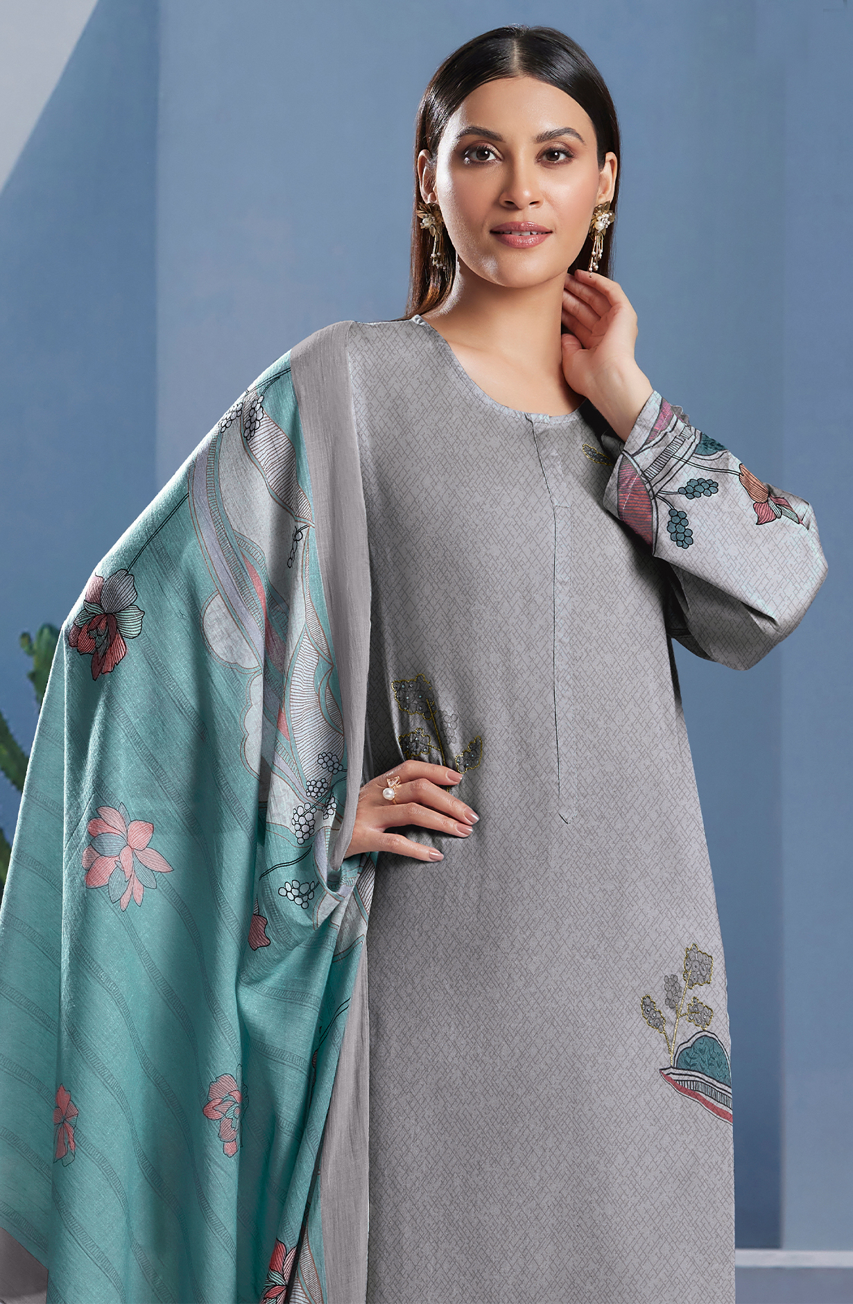 Grey Cotton Digital Printed Unstitched Salwar Suit - SUN338