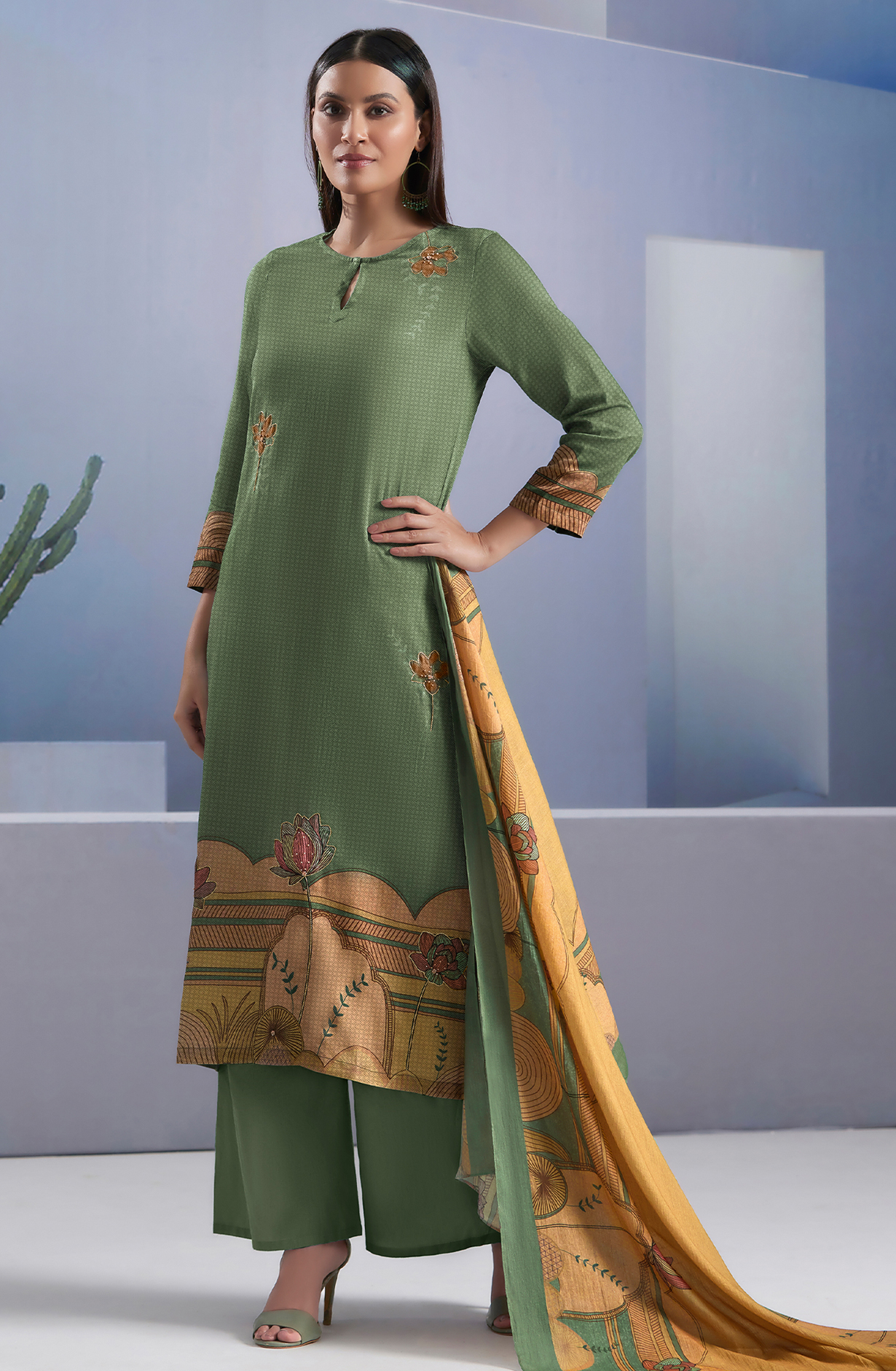 Bottle Green Cotton Digital Printed Unstitched Salwar Suit - SUN346