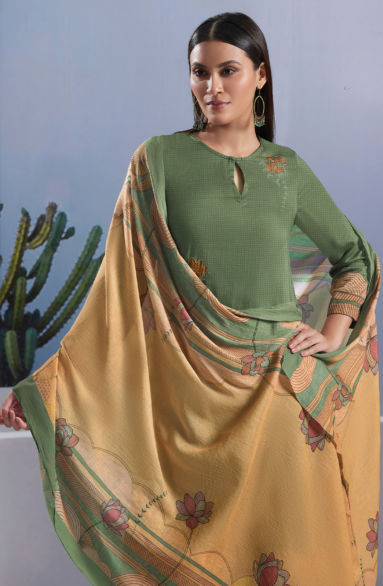 Bottle Green Cotton Digital Printed Unstitched Salwar Suit - SUN346