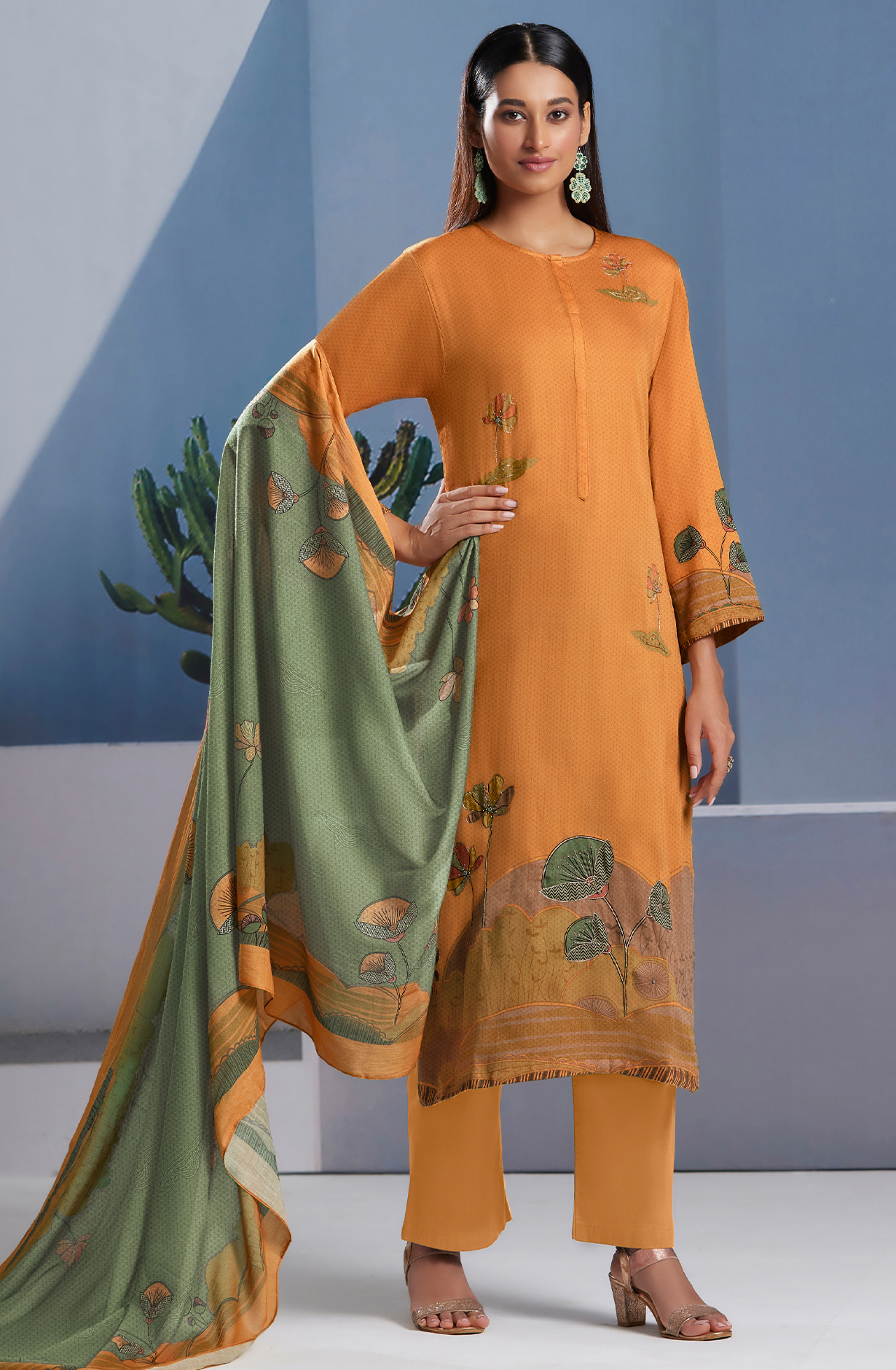 Orange Cotton Digital Printed Unstitched Salwar Suit - SUN367