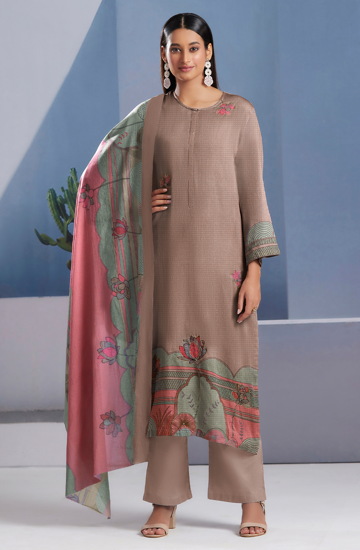 Beige Cotton Digital Printed Unstitched Salwar Suit - SUN385