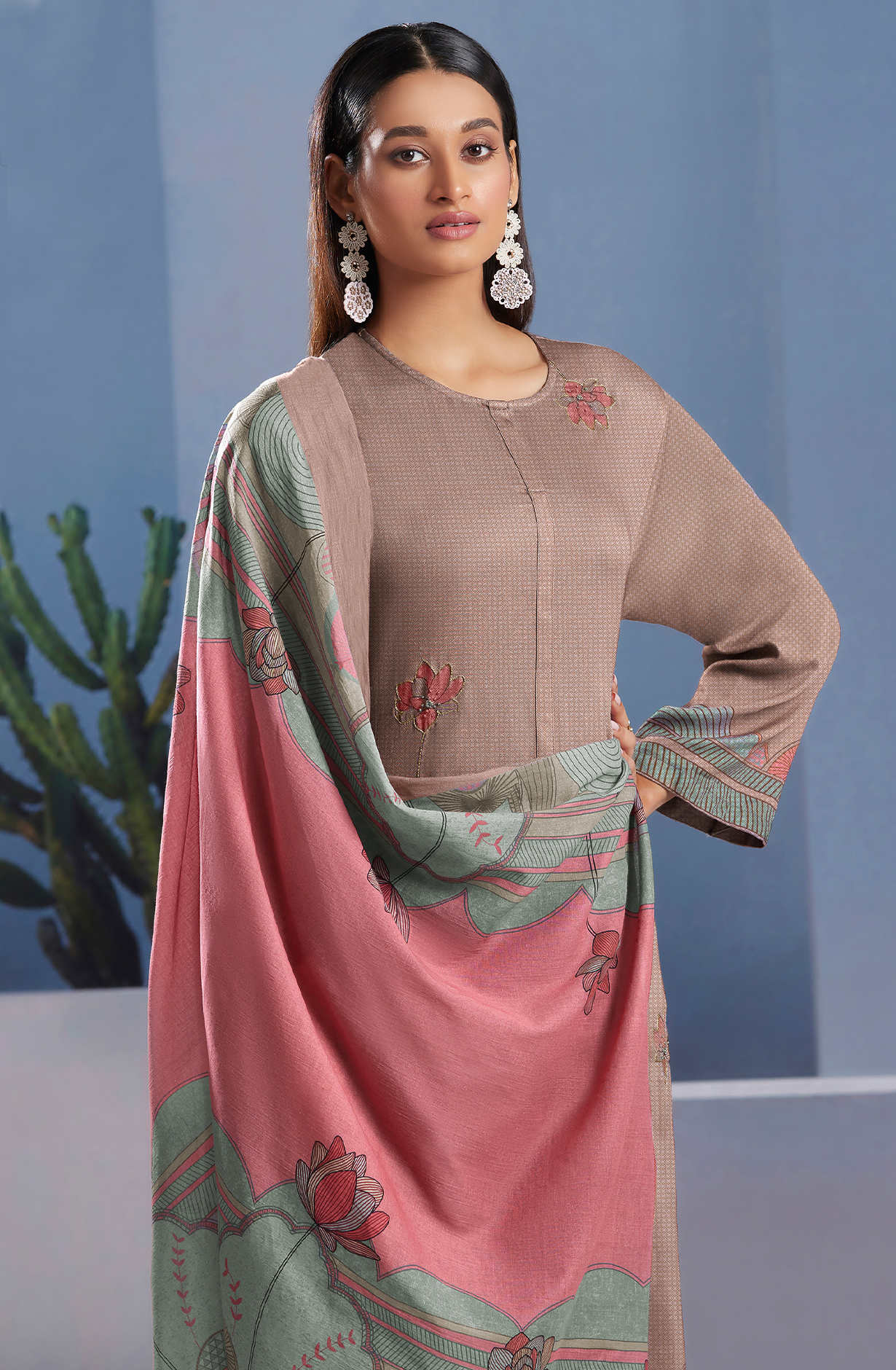Beige Cotton Digital Printed Unstitched Salwar Suit - SUN385
