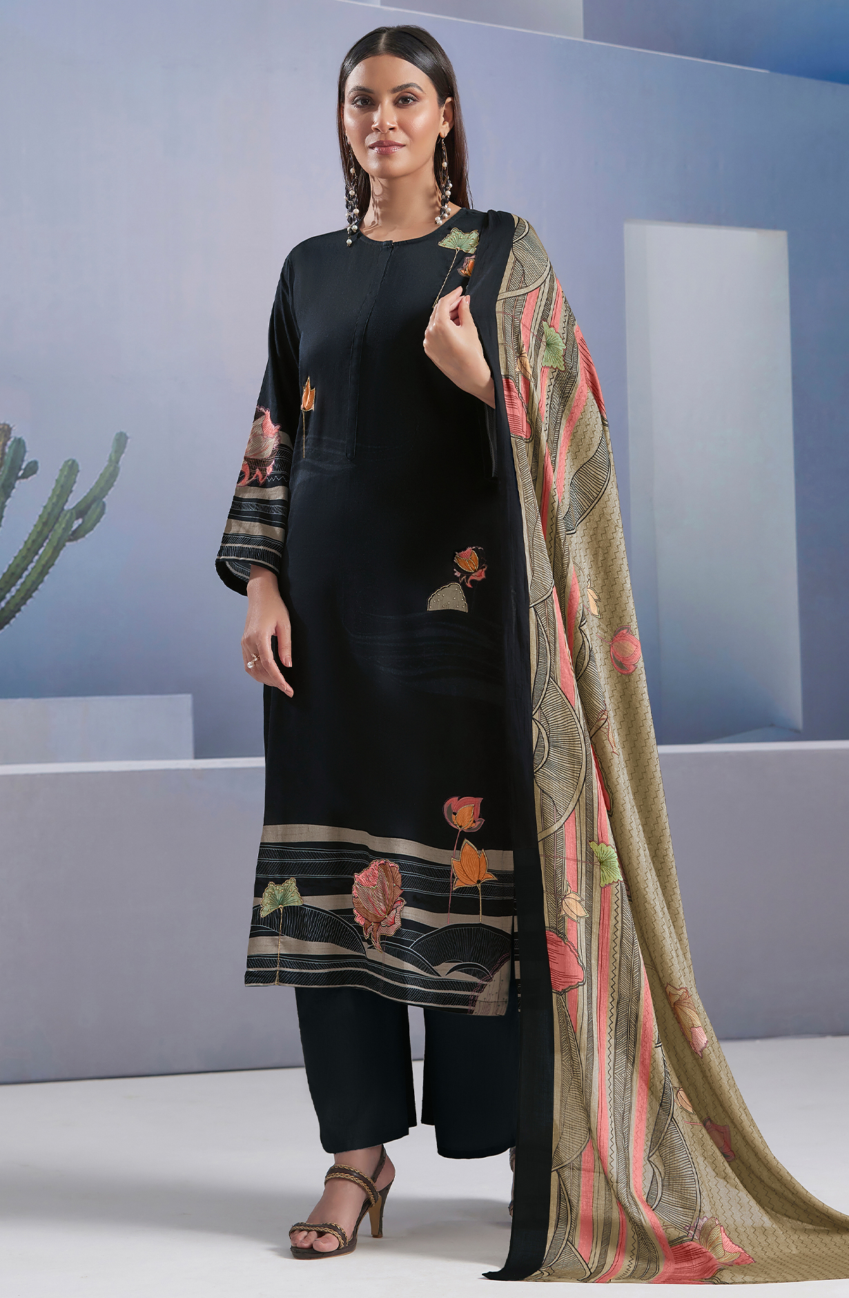 Black Cotton Digital Printed Unstitched Salwar Kameez - SUN391