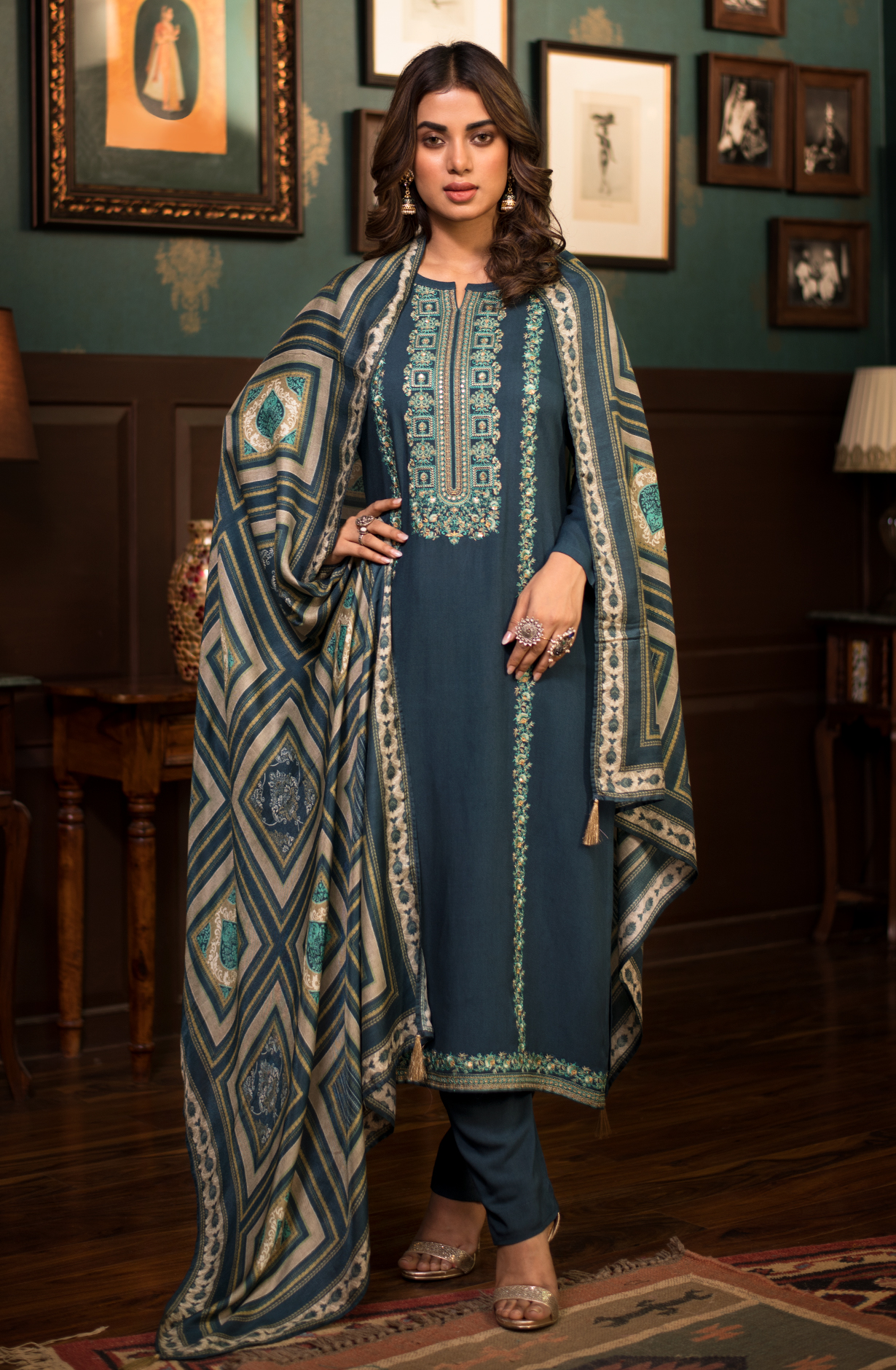 Pure Pashmina Teal Unstitched Salwar Kameez - SUR1620