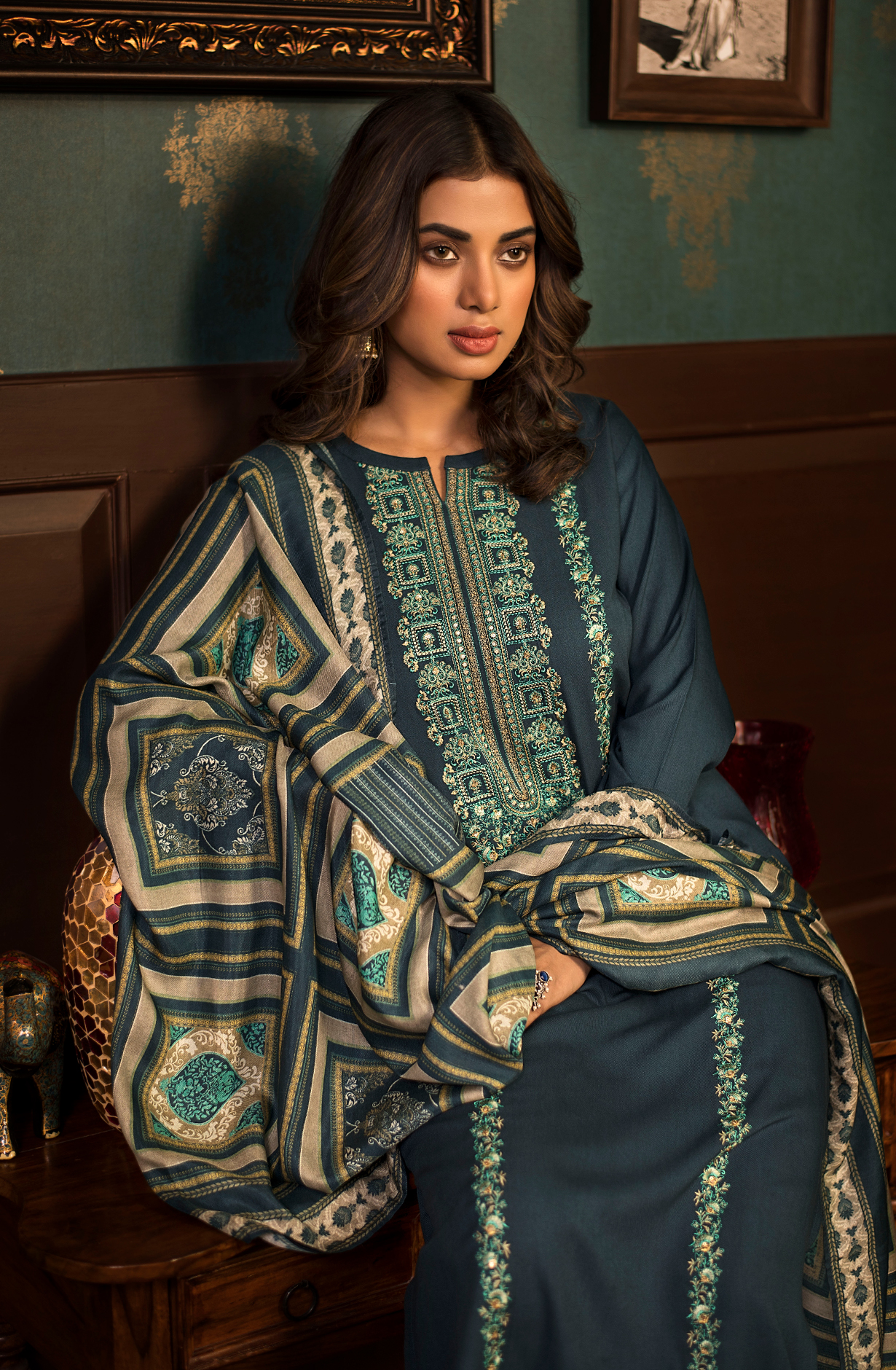 Pure Pashmina Teal Unstitched Salwar Kameez - SUR1620