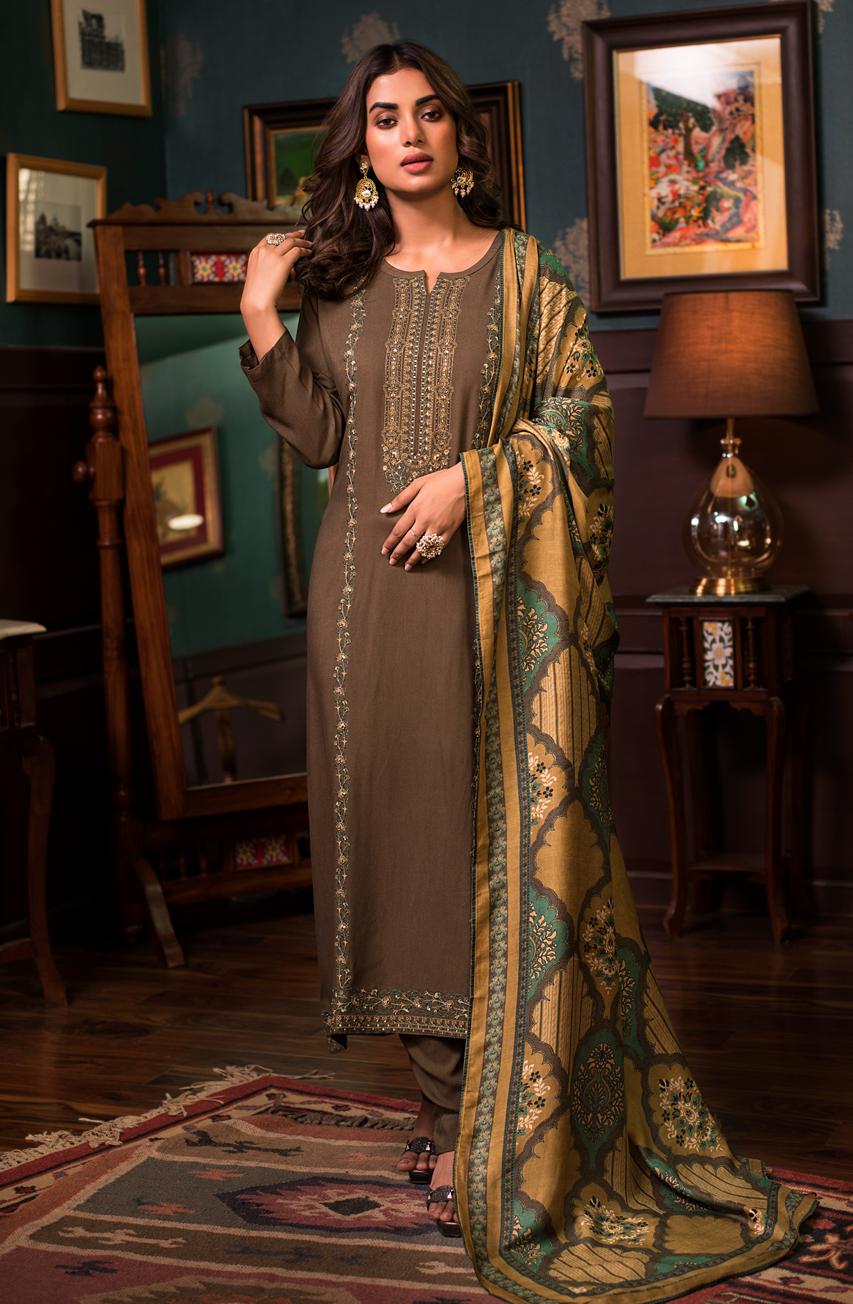 Pure Pashmina Mehndi Green Unstitched Salwar Kameez - SUR1622