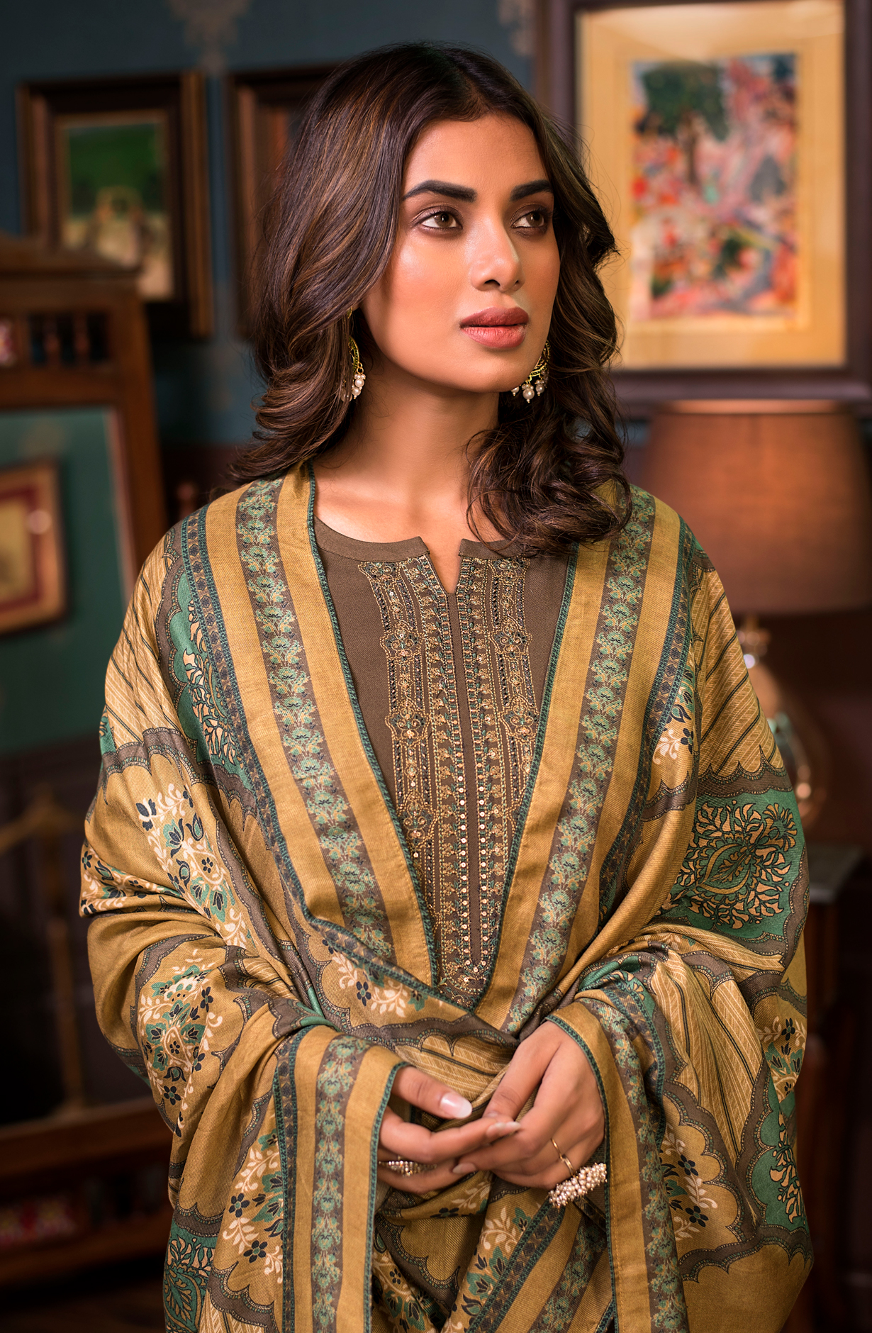 Pure Pashmina Mehndi Green Unstitched Salwar Kameez - SUR1622