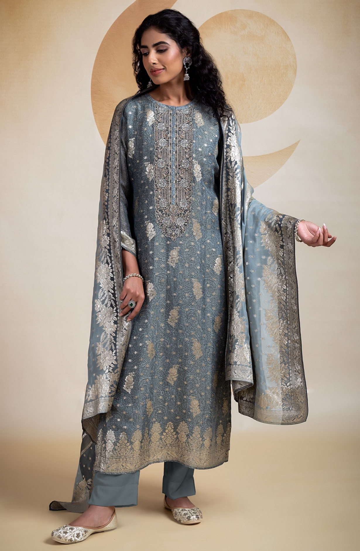 Grey Tissue Silk Jacquard Digital Printed Suit Set with Dupatta- SUF2280A