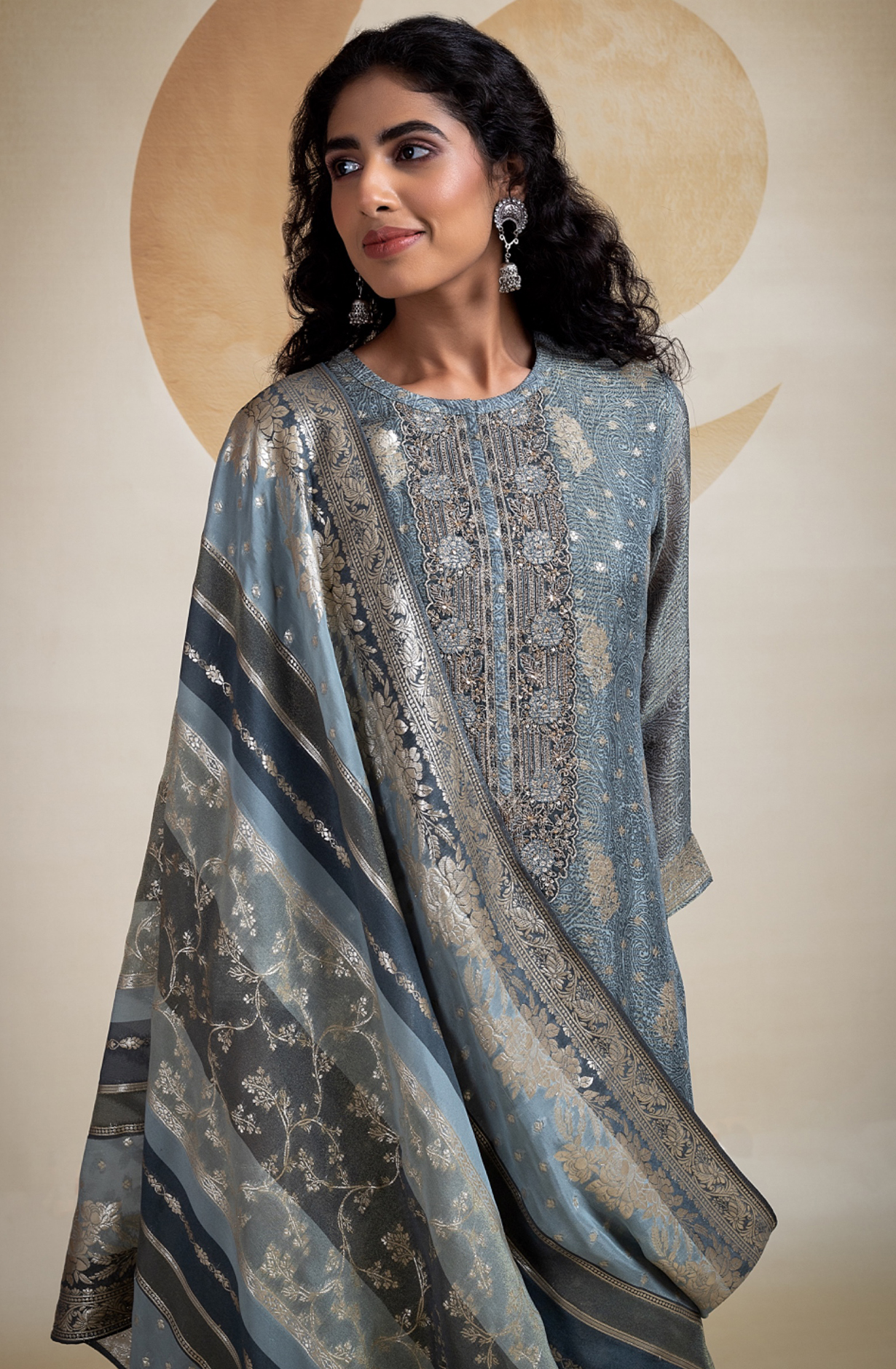 Grey Tissue Silk Jacquard Digital Printed Suit Set with Dupatta- SUF2280A