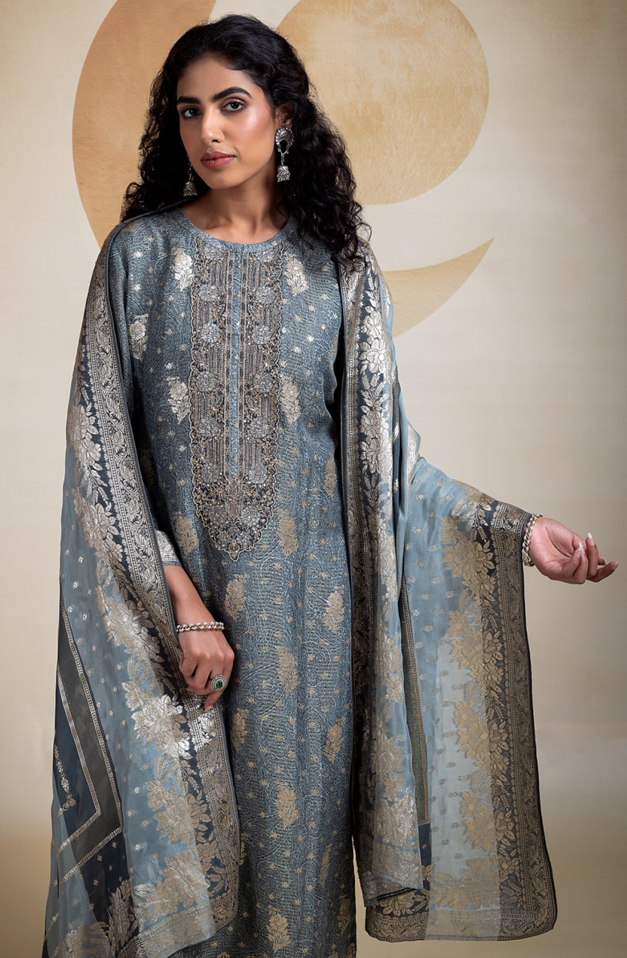 Grey Tissue Silk Jacquard Digital Printed Suit Set with Dupatta- SUF2280A