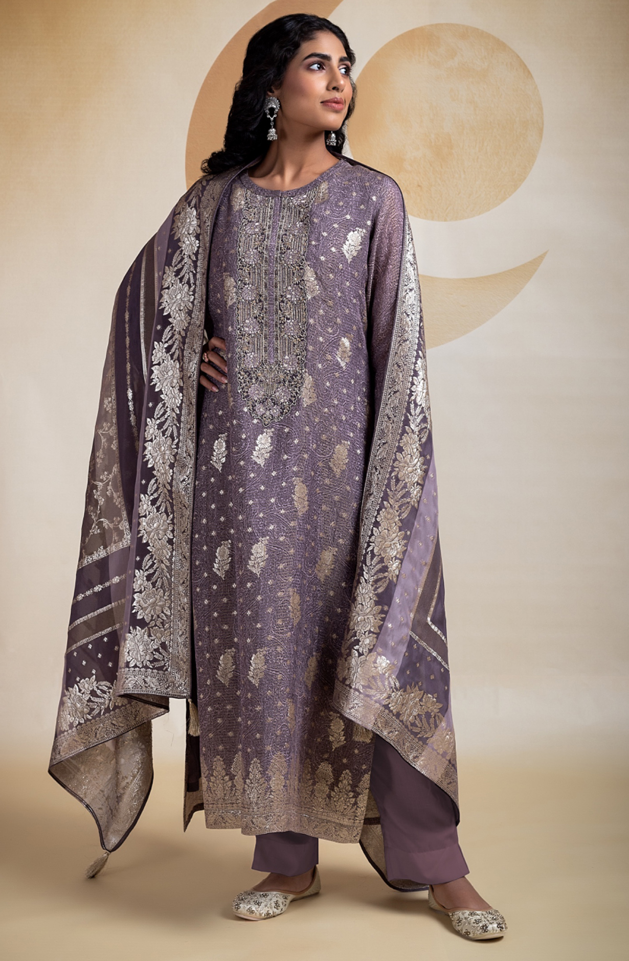 Purple Tissue Silk Jacquard Digital Printed Suit Set with Dupatta- SUF2280B