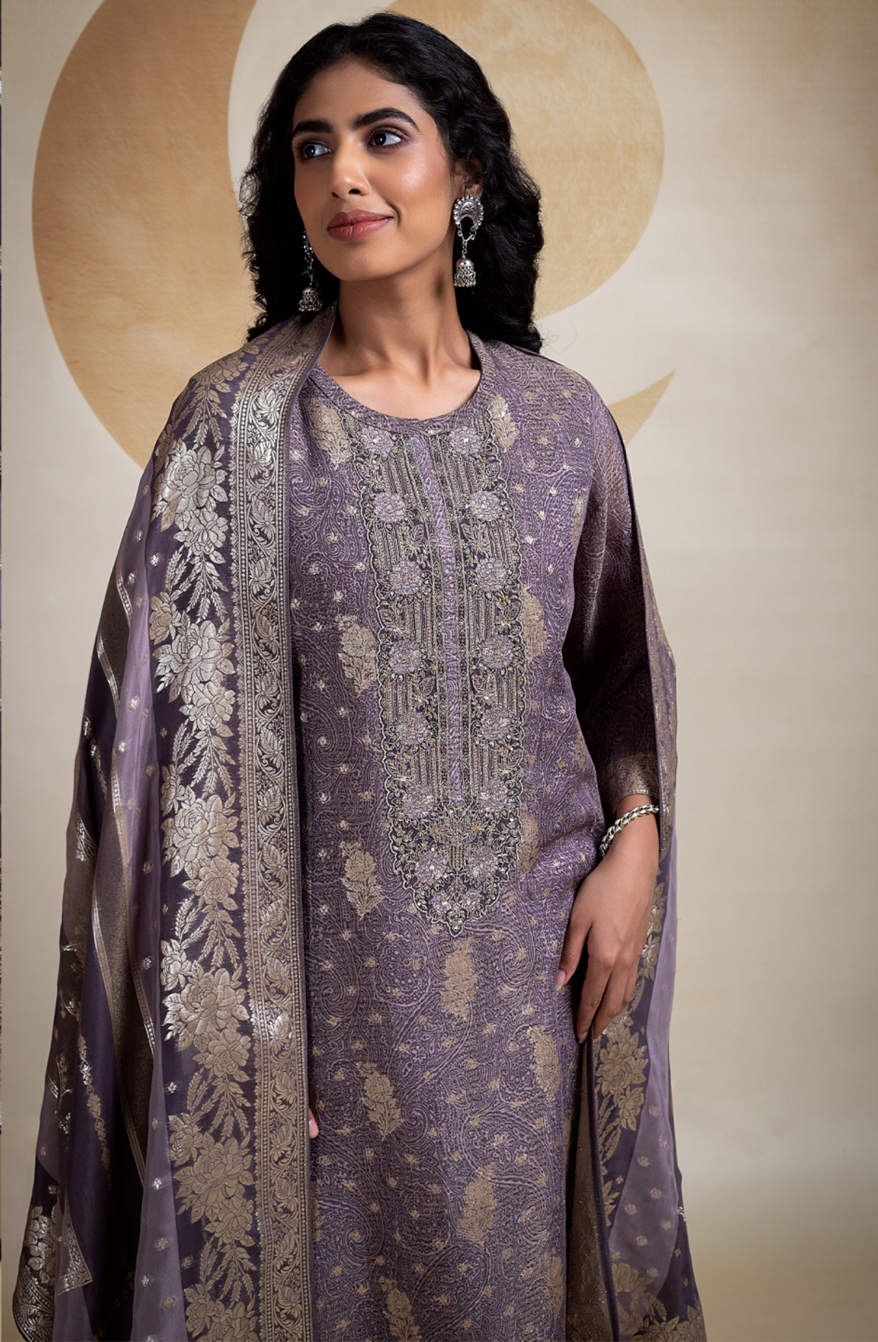 Purple Tissue Silk Jacquard Digital Printed Suit Set with Dupatta- SUF2280B