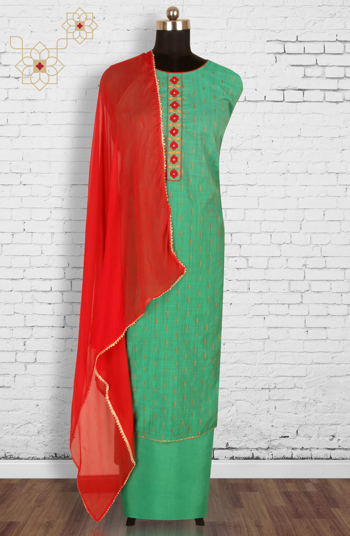 Festive Special Green Unstitched Chanderi Suit-set with Chiffon Dupatta - SVACHN1212A