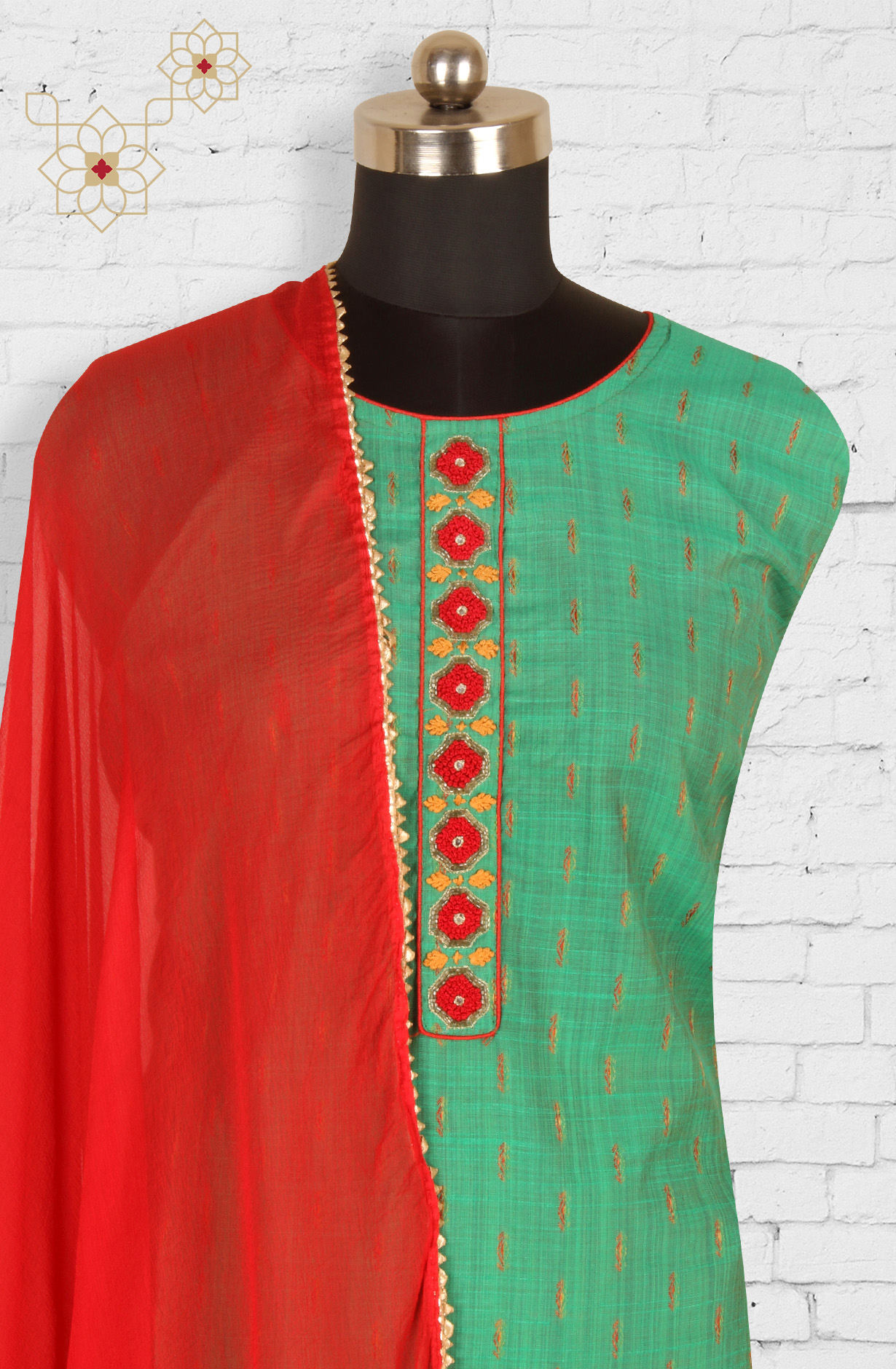 Festive Special Green Unstitched Chanderi Suit-set with Chiffon Dupatta - SVACHN1212A