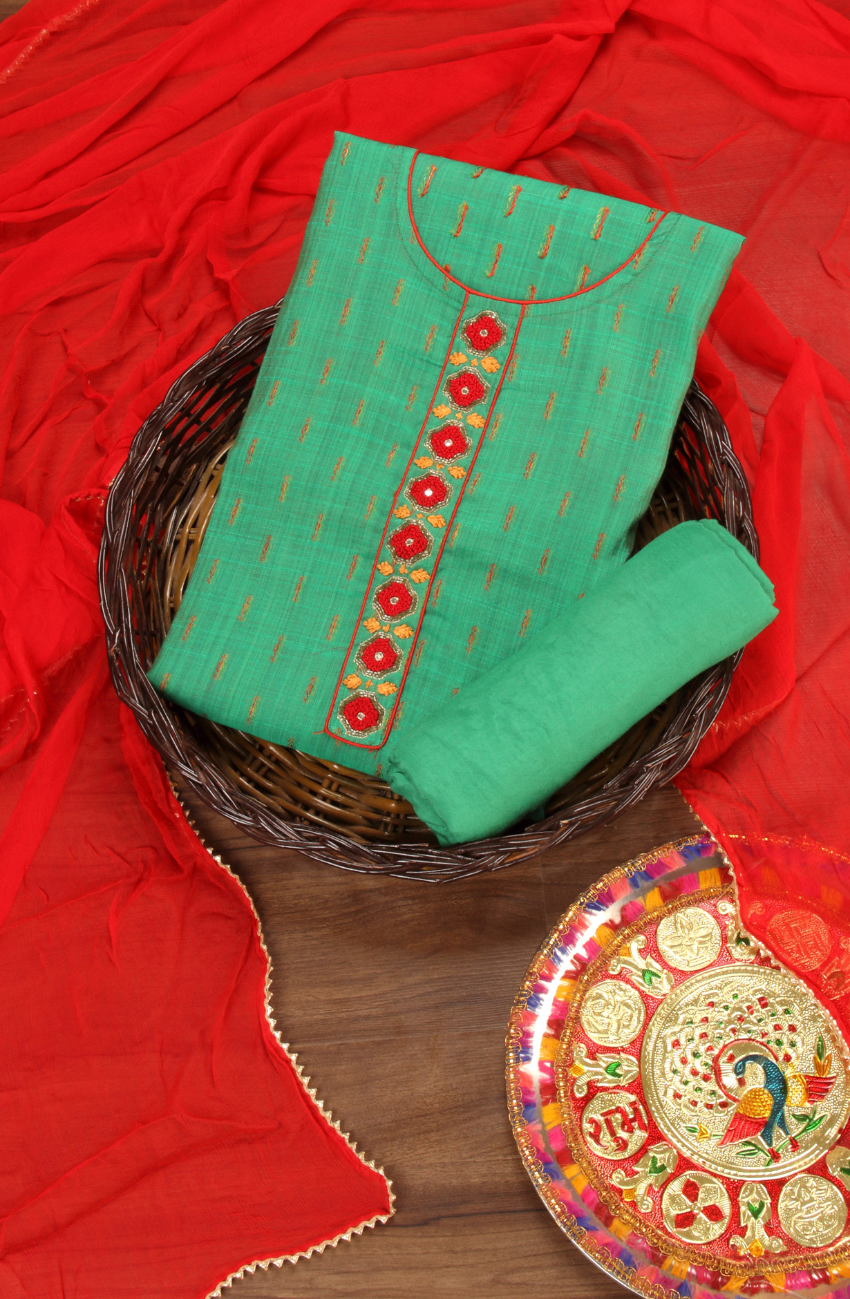 Festive Special Green Unstitched Chanderi Suit-set with Chiffon Dupatta - SVACHN1212A