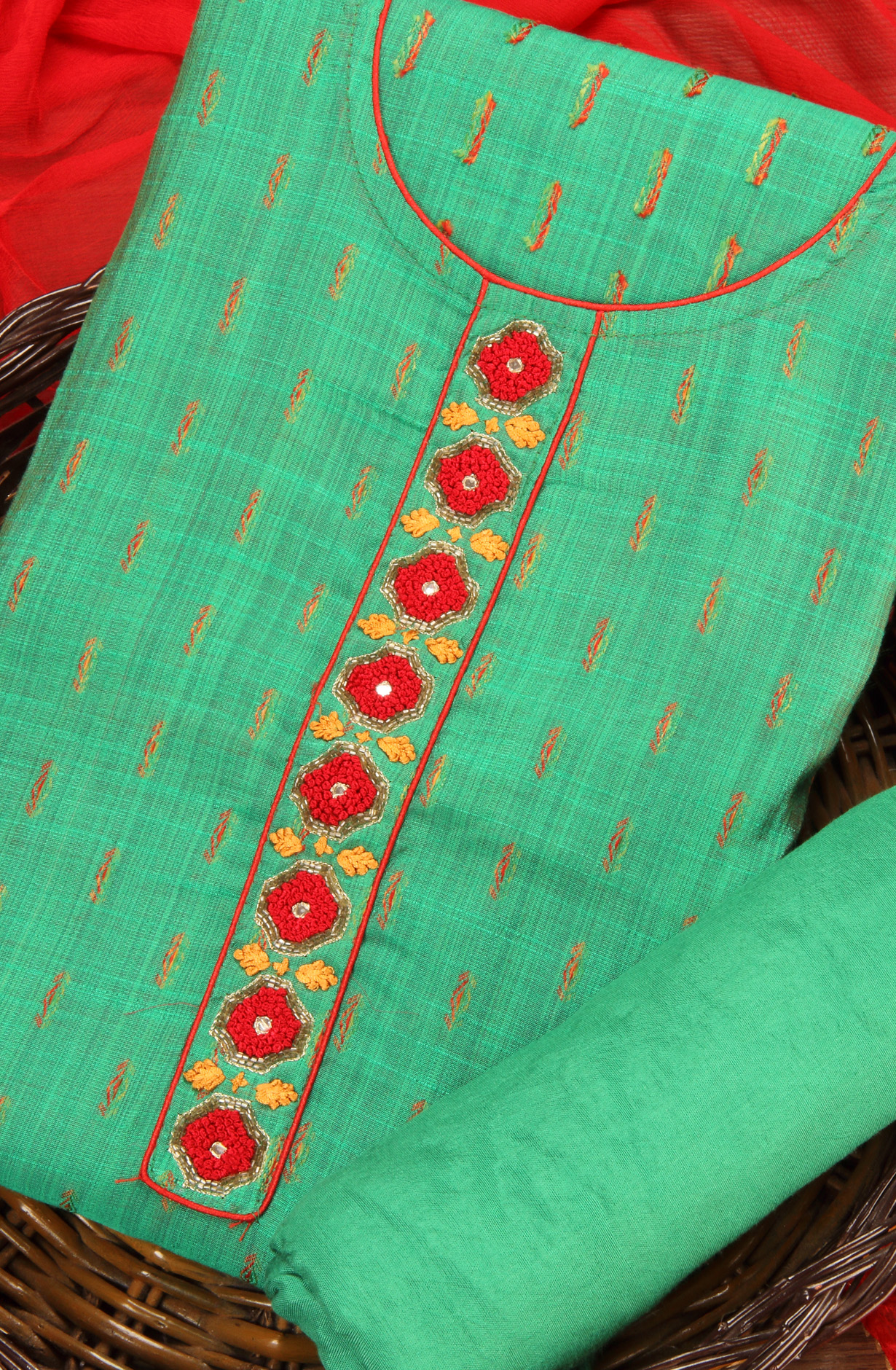 Festive Special Green Unstitched Chanderi Suit-set with Chiffon Dupatta - SVACHN1212A