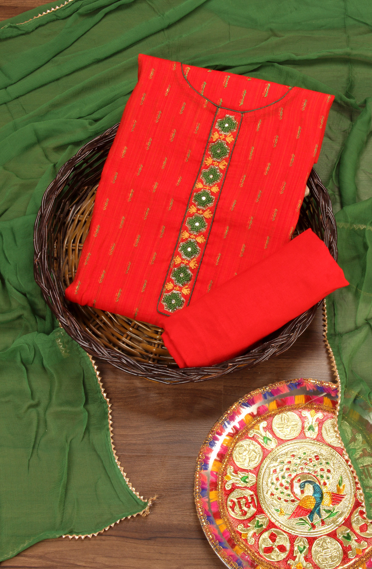 Festive Special Red Unstitched Chanderi Suit-sets - SVACHN1212B