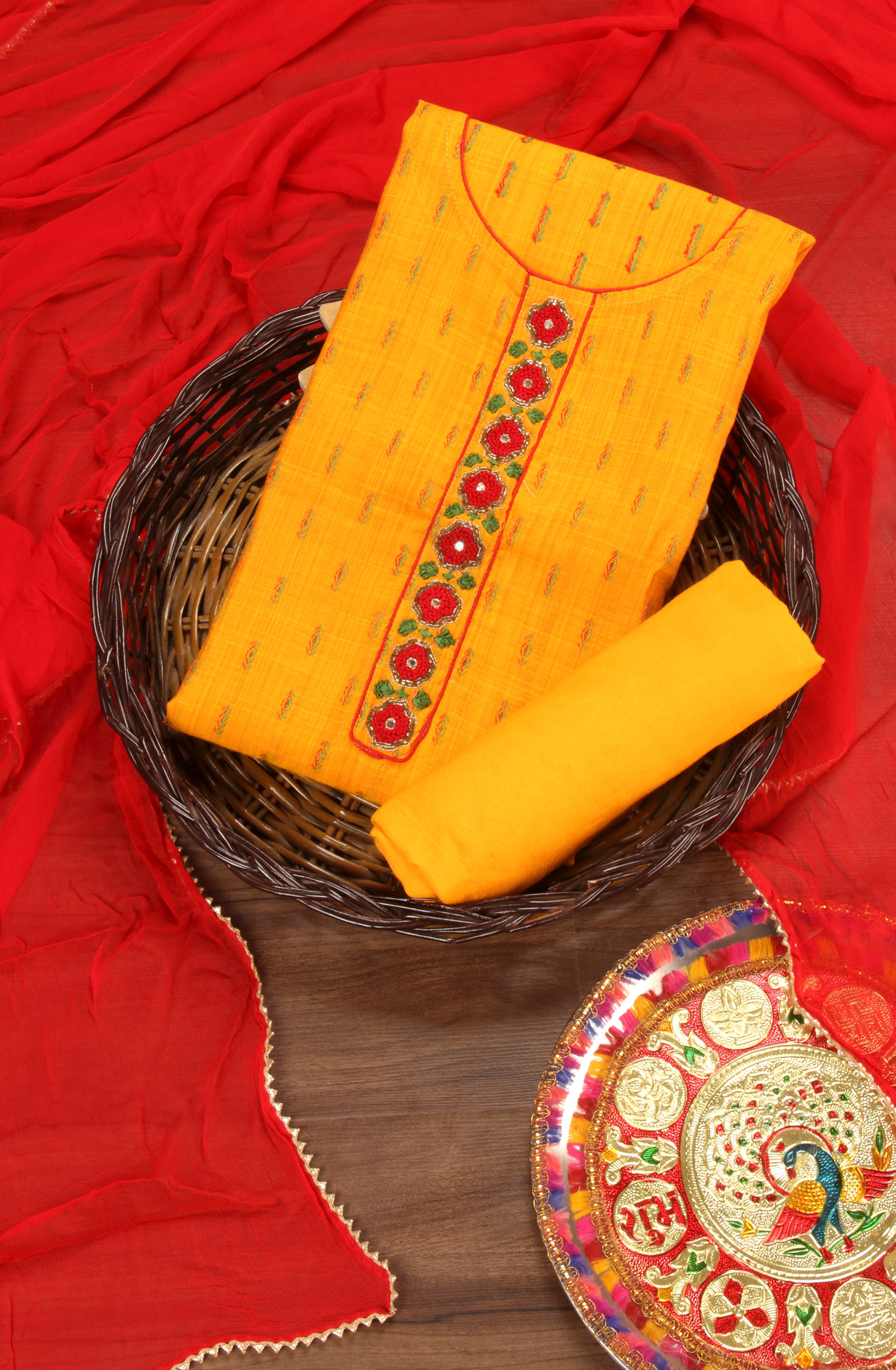 Festive Special Yellow Unstitched Chanderi Suit-sets - SVACHN1212D