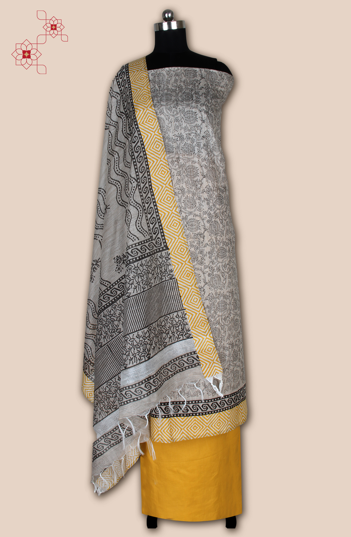 Grey and Mustard Chanderi Unstitched Salwar Kameez - SVACHN12356A