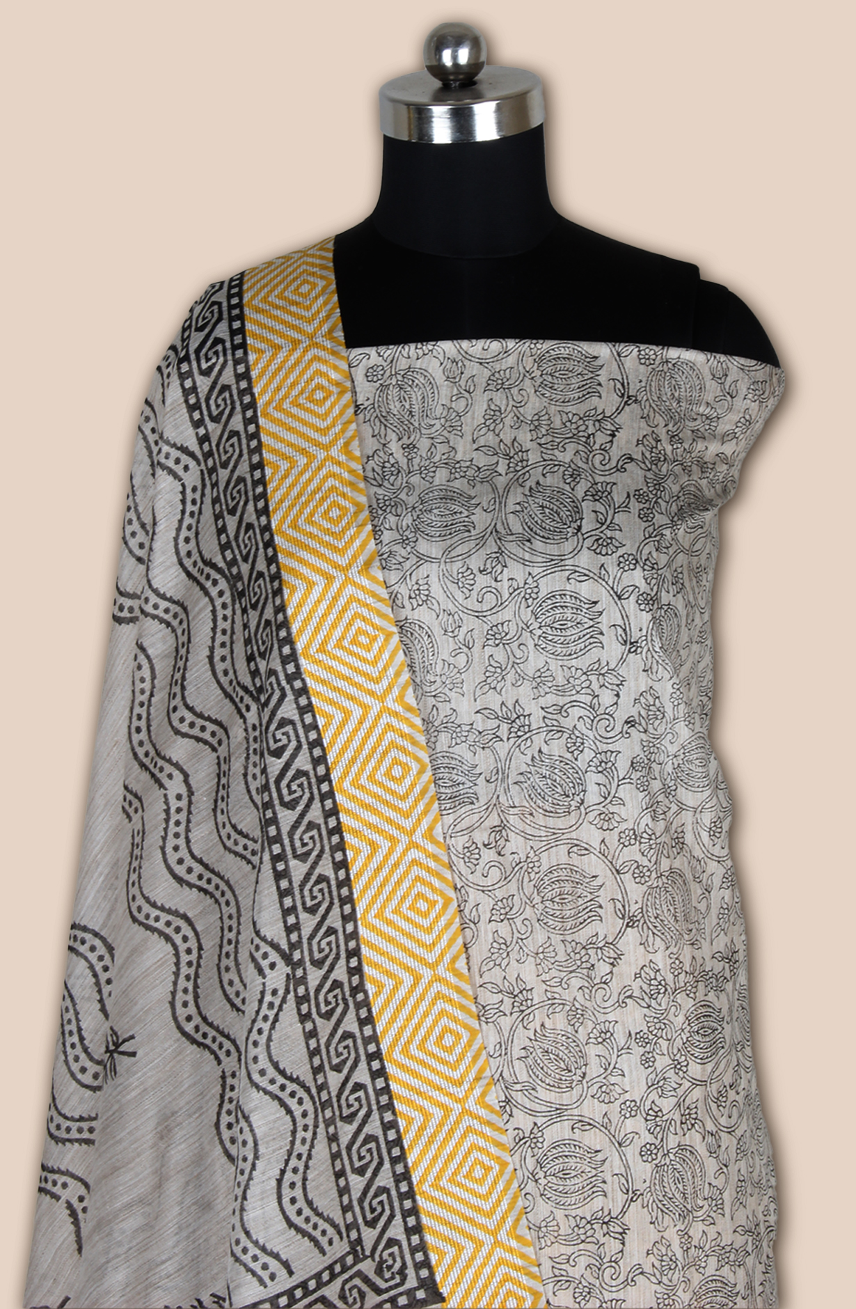 Grey and Mustard Chanderi Unstitched Salwar Kameez - SVACHN12356A