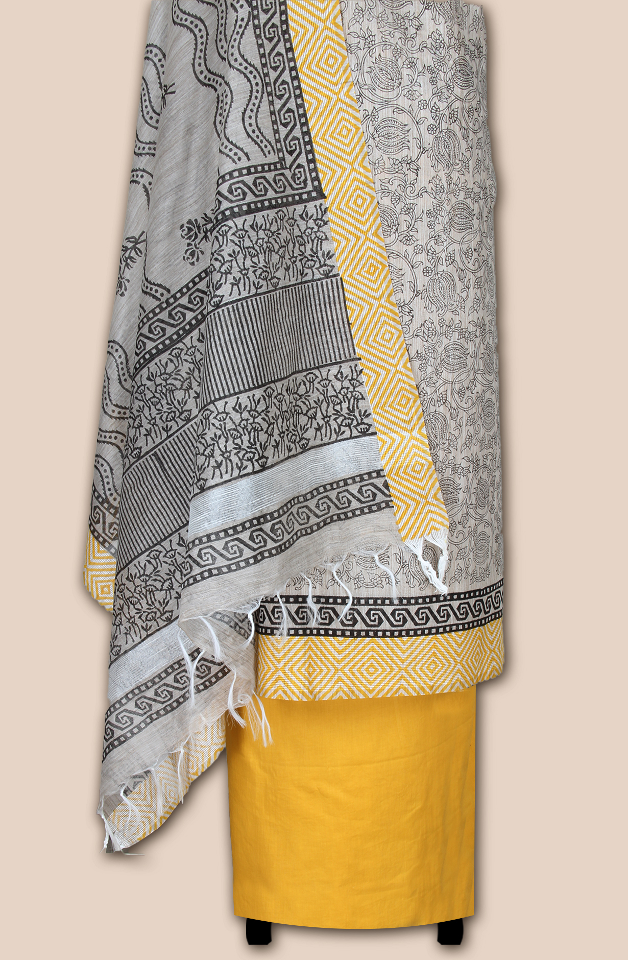 Grey and Mustard Chanderi Unstitched Salwar Kameez - SVACHN12356A
