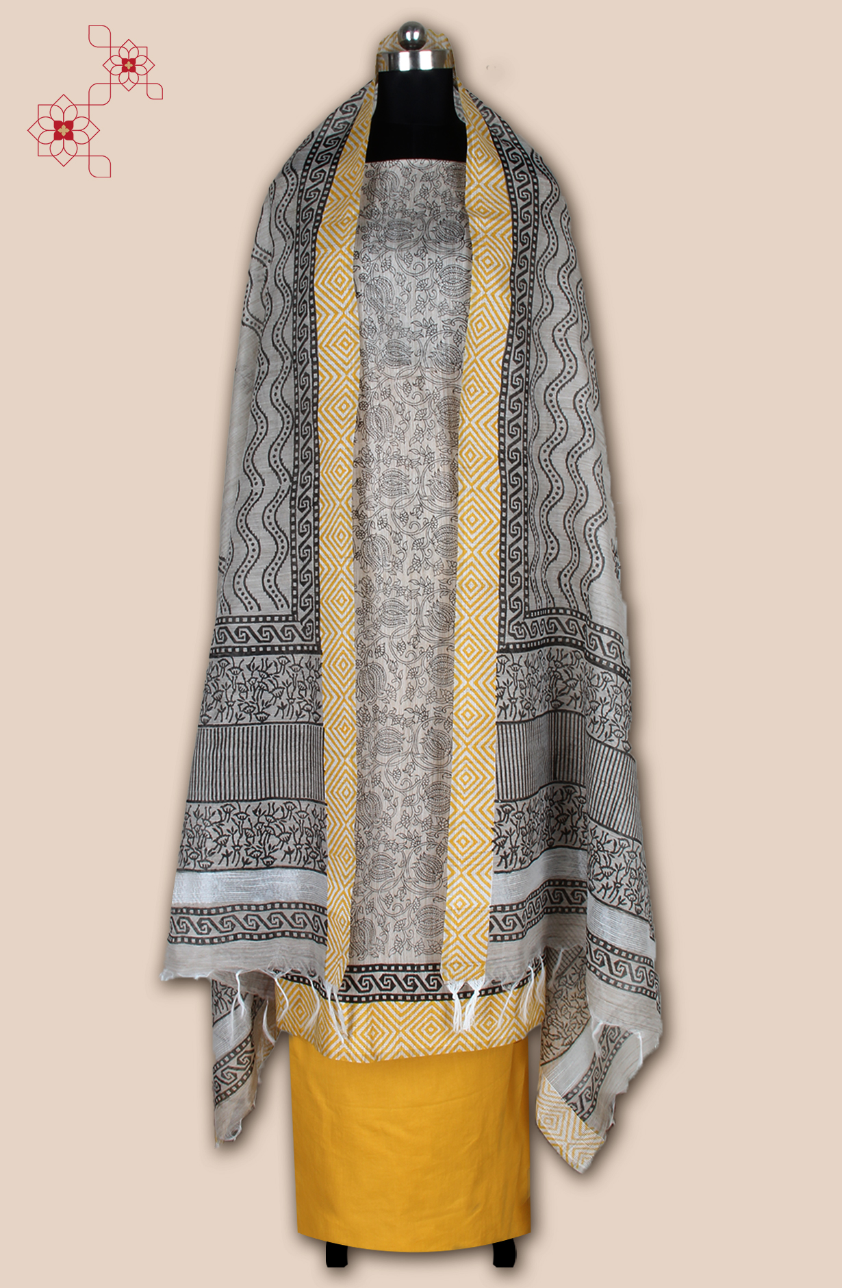 Grey and Mustard Chanderi Unstitched Salwar Kameez - SVACHN12356A