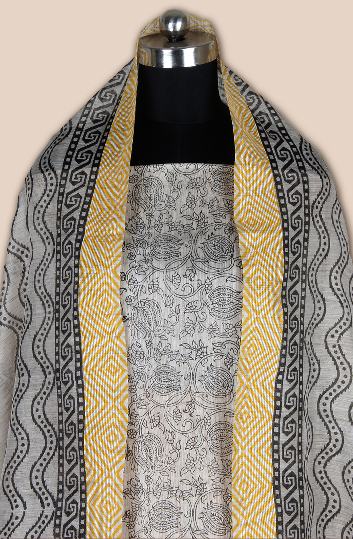 Grey and Mustard Chanderi Unstitched Salwar Kameez - SVACHN12356A