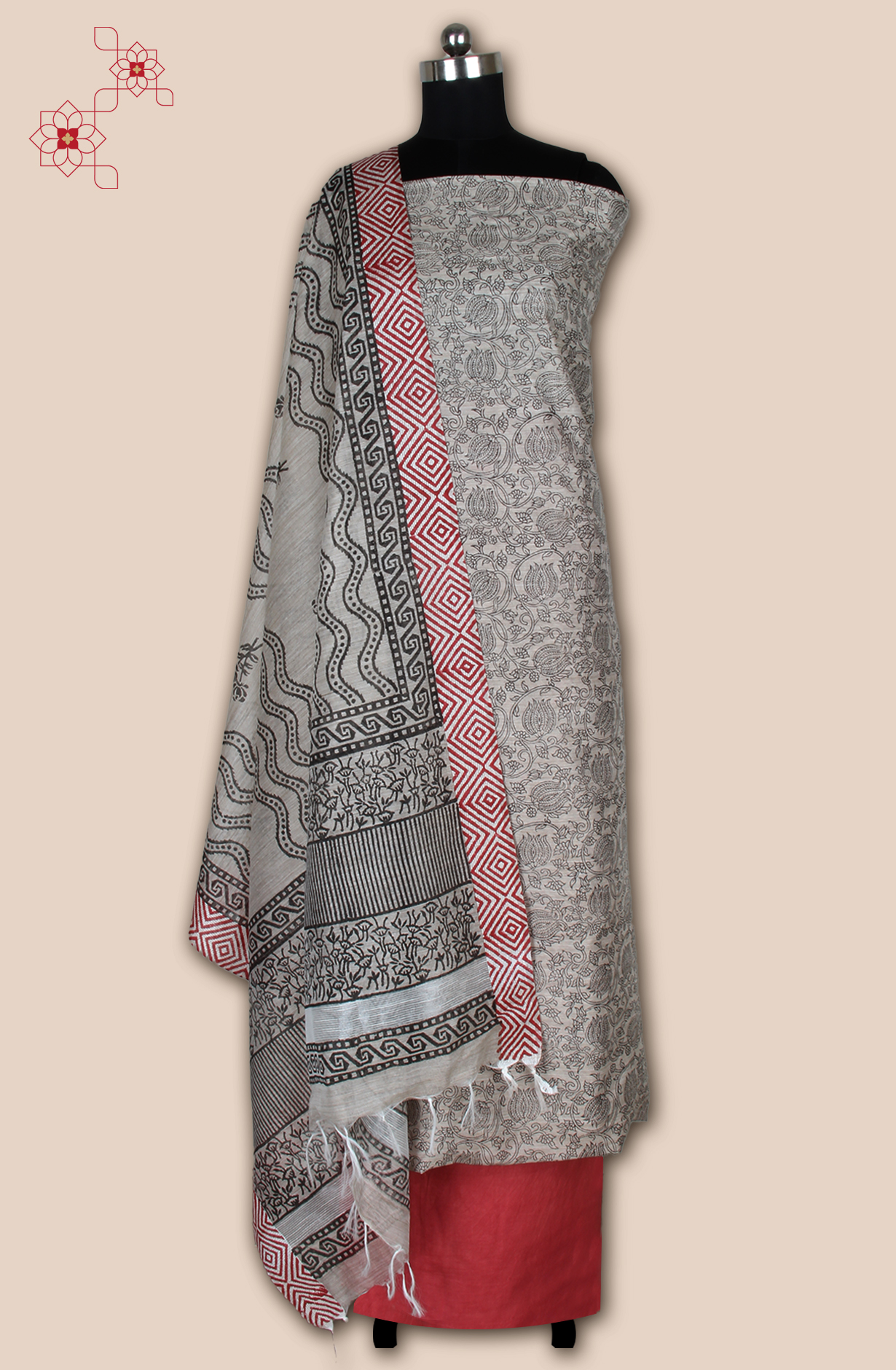 Grey and Coral Chanderi Unstitched Salwar Kameez - SVACHN12356B
