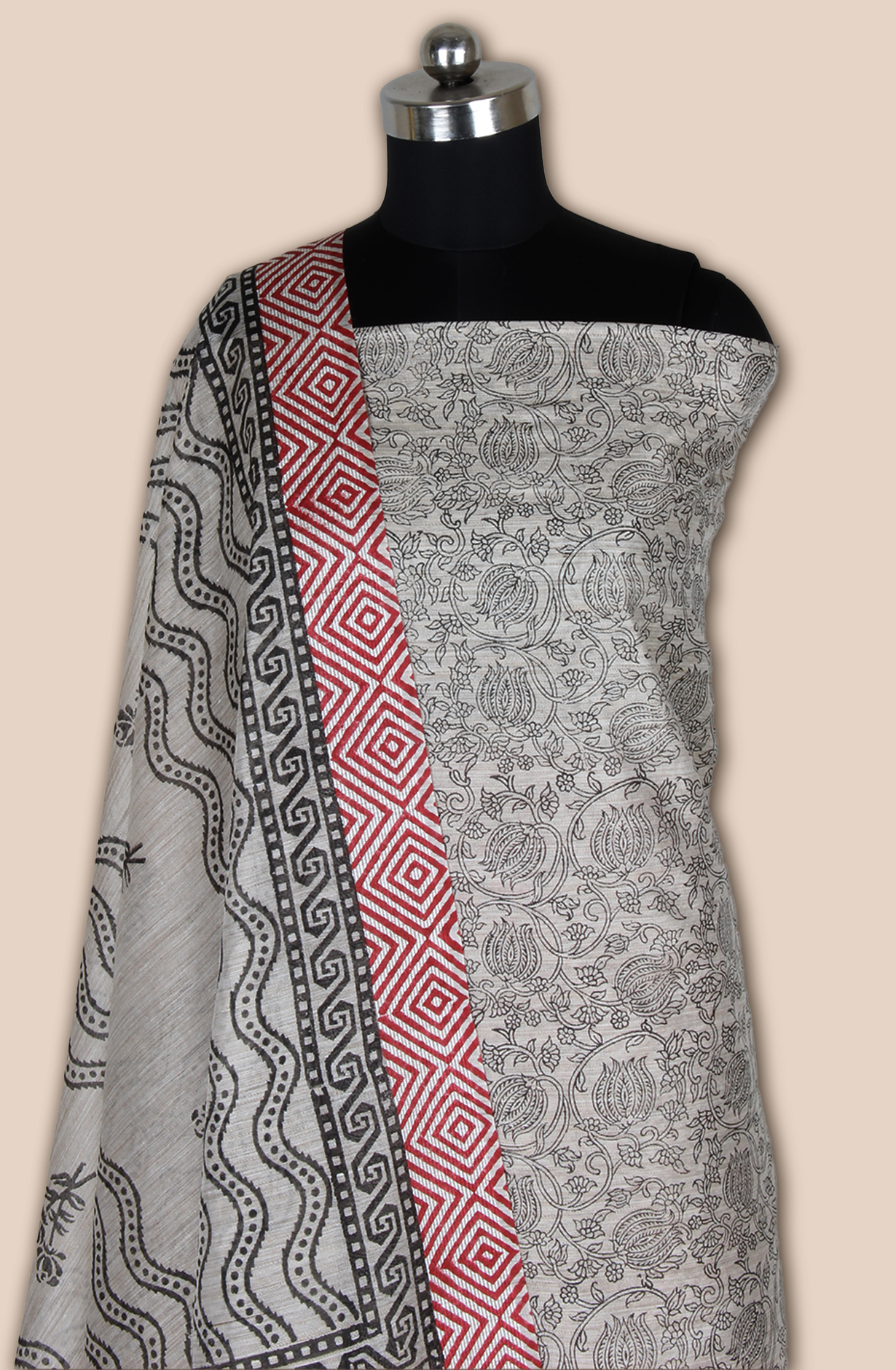 Grey and Coral Chanderi Unstitched Salwar Kameez - SVACHN12356B