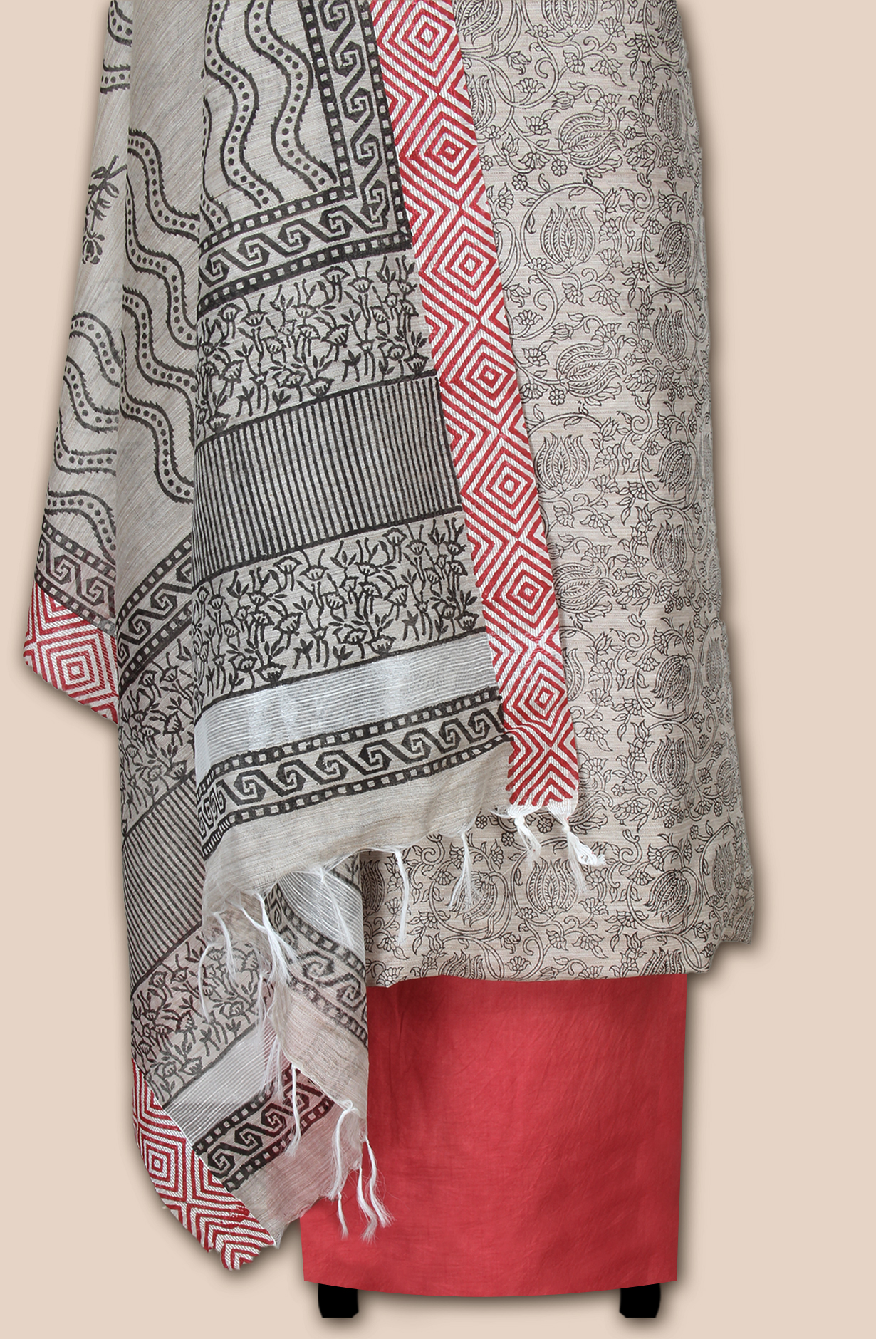 Grey and Coral Chanderi Unstitched Salwar Kameez - SVACHN12356B