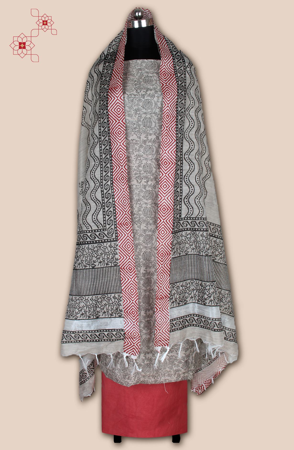 Grey and Coral Chanderi Unstitched Salwar Kameez - SVACHN12356B
