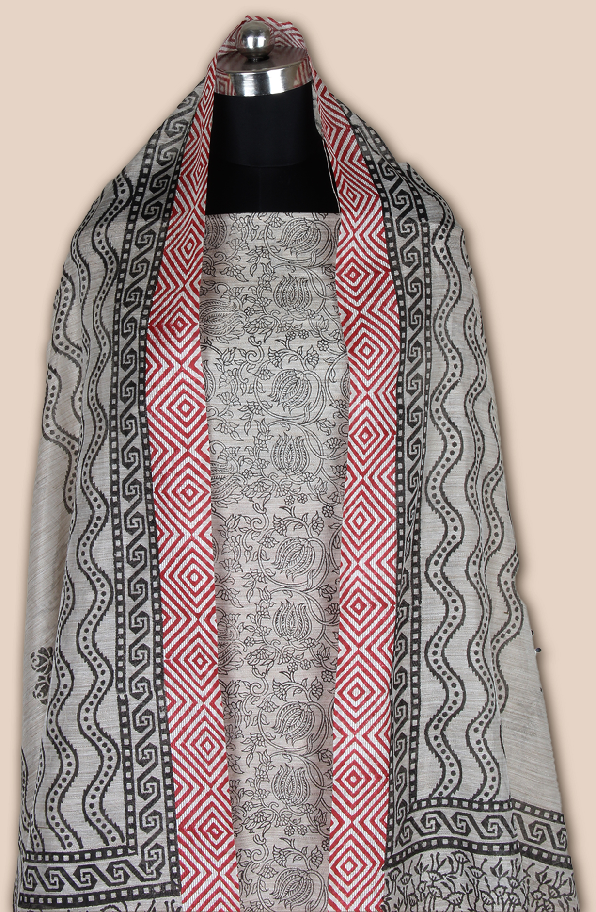 Grey and Coral Chanderi Unstitched Salwar Kameez - SVACHN12356B