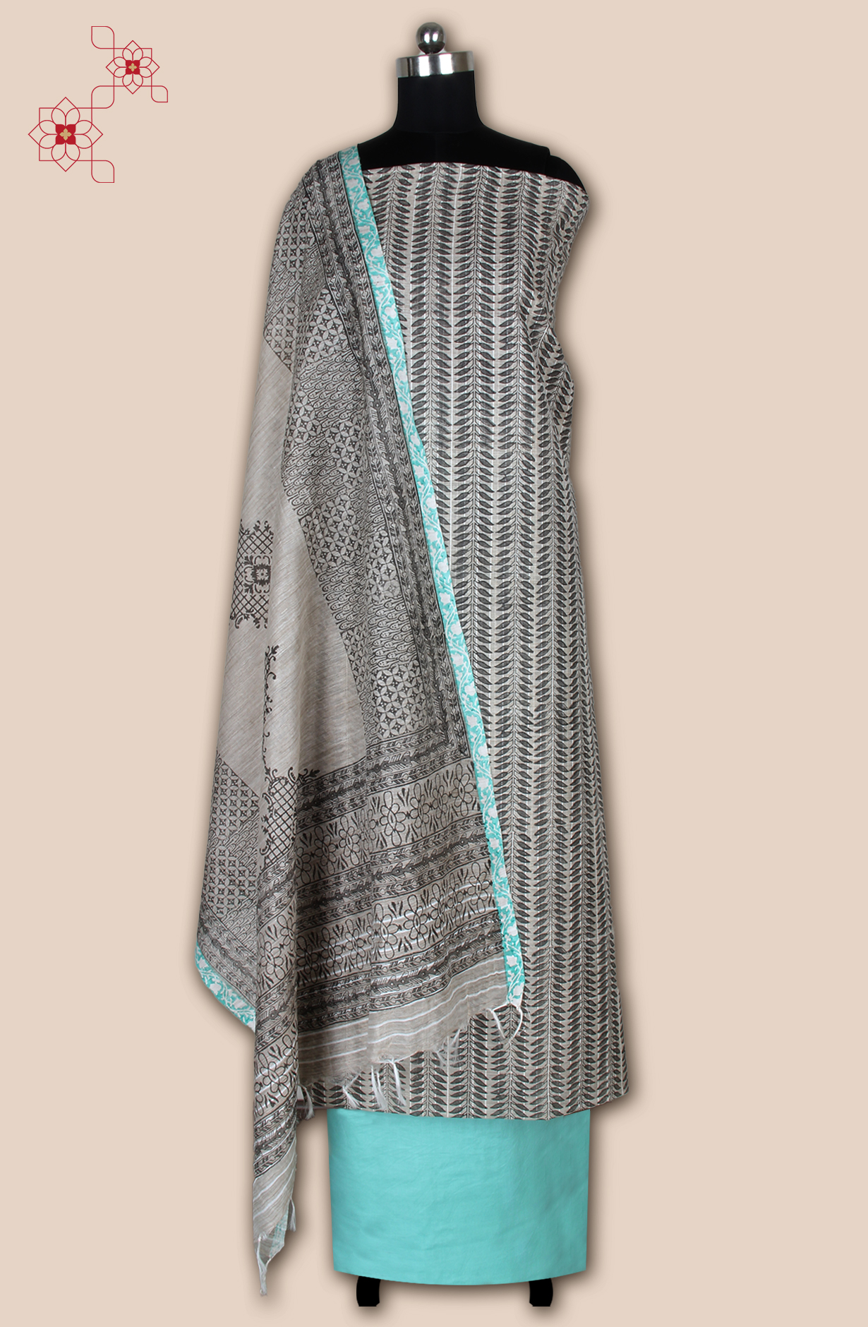 Grey and Sea Green Chanderi Unstitched Salwar Suit - SVACHN12357A